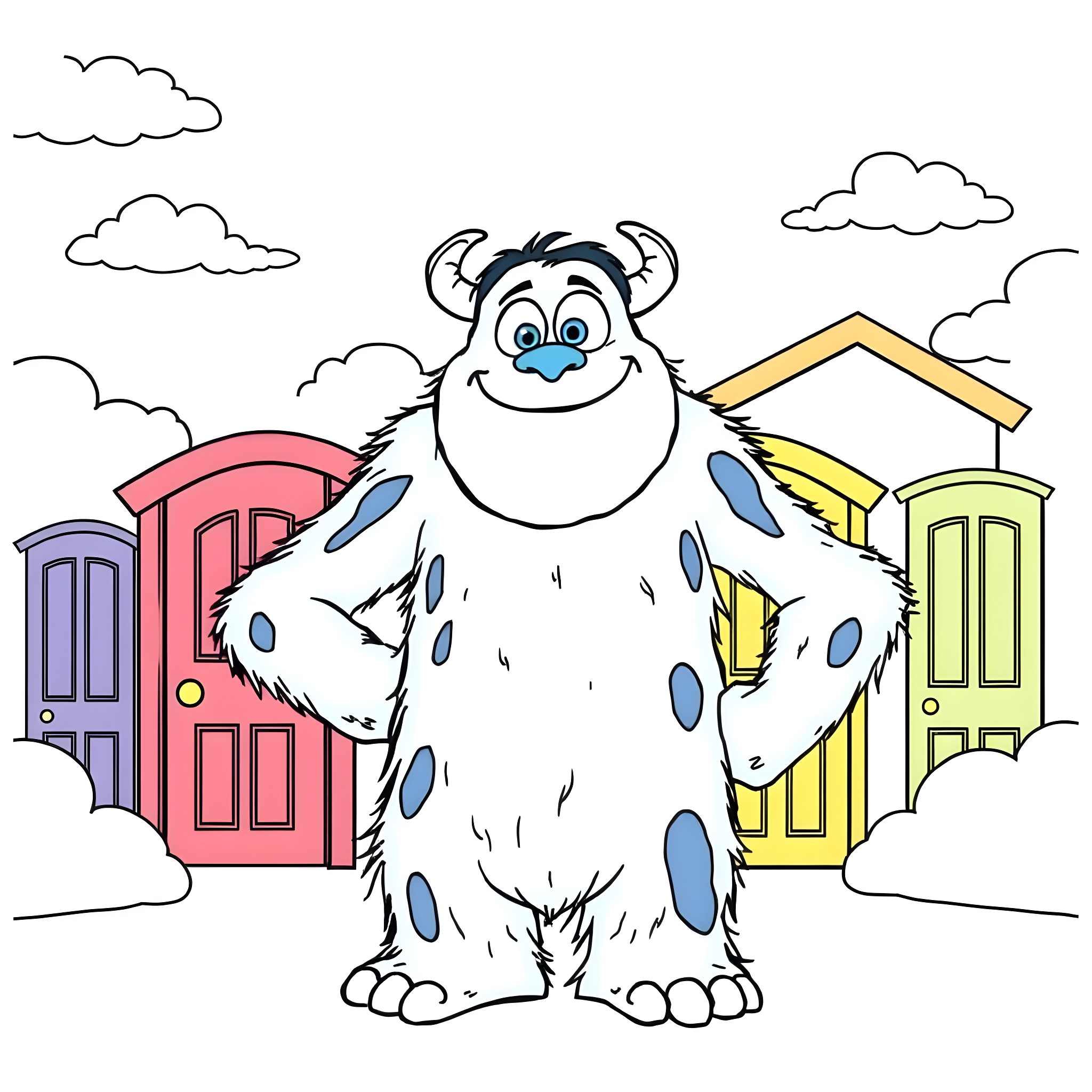 Sulley smiling in front of colorful houses Coloring Page (free black-and-white line drawing printable PDF for all, from beginners to advanced learners, including children, teens, adults, and seniors)