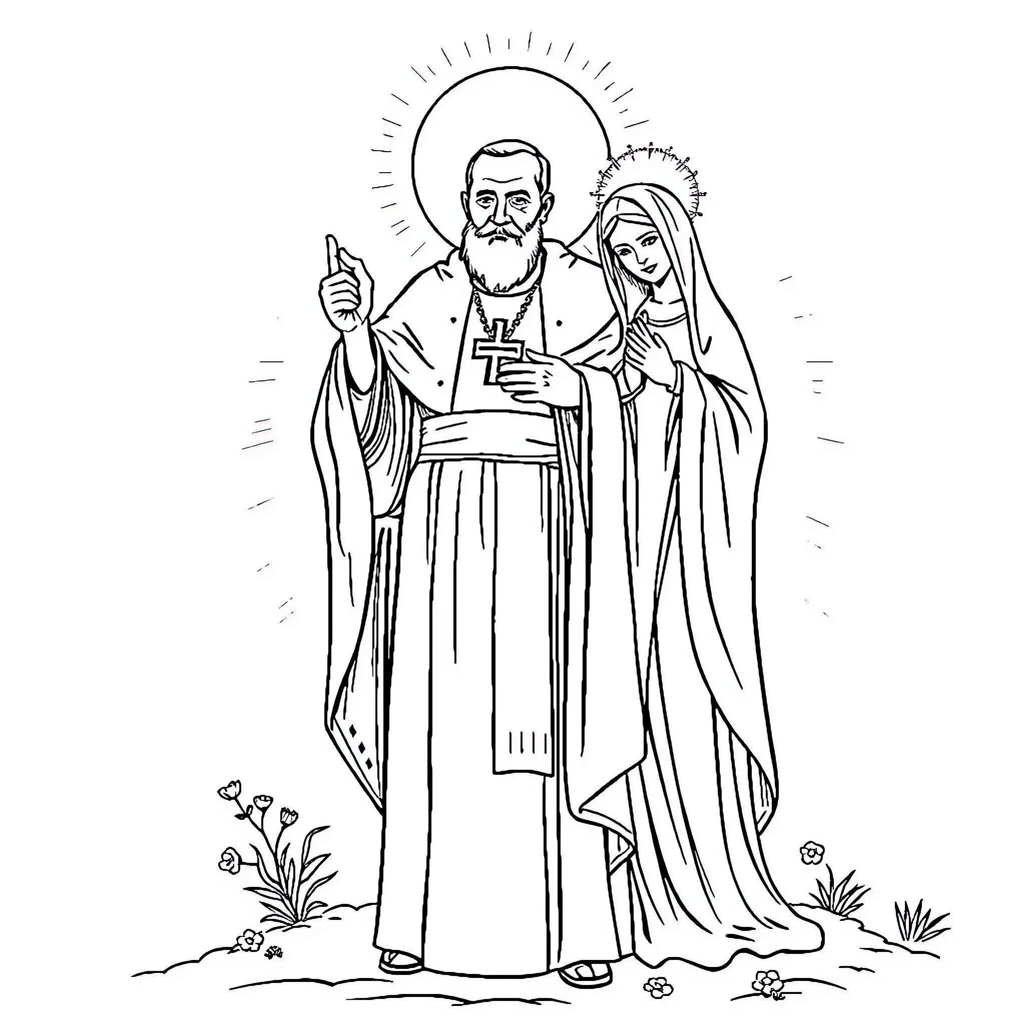 Father Pio blessing a woman in religious garb Coloring Page (free black-and-white line drawing printable PDF for all, from beginners to advanced learners, including children, teens, adults, and seniors)