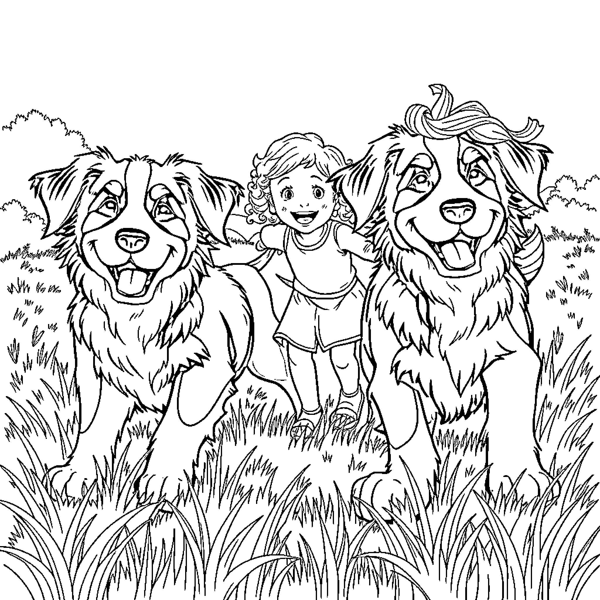 Dog and child playing happily in the meadow Coloring Page (free black-and-white line drawing printable PDF for all, from beginners to advanced learners, including children, teens, adults, and seniors)