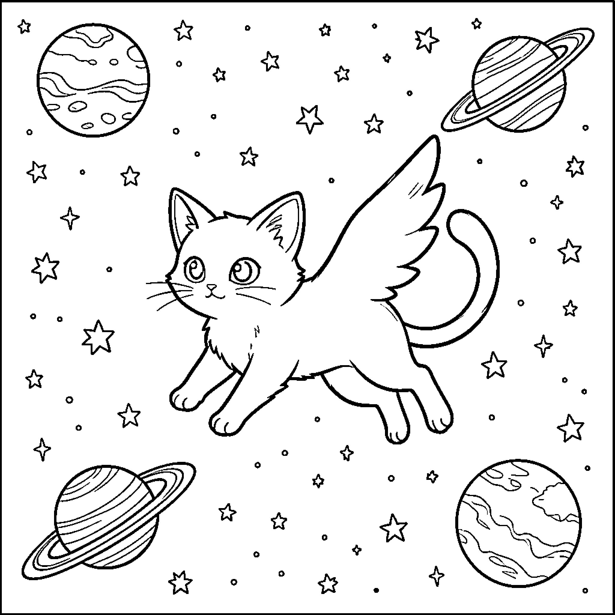 Mew winged cat flying among planets and stars Coloring Page (free black-and-white line drawing printable PDF for all, from beginners to advanced learners, including children, teens, adults, and seniors)