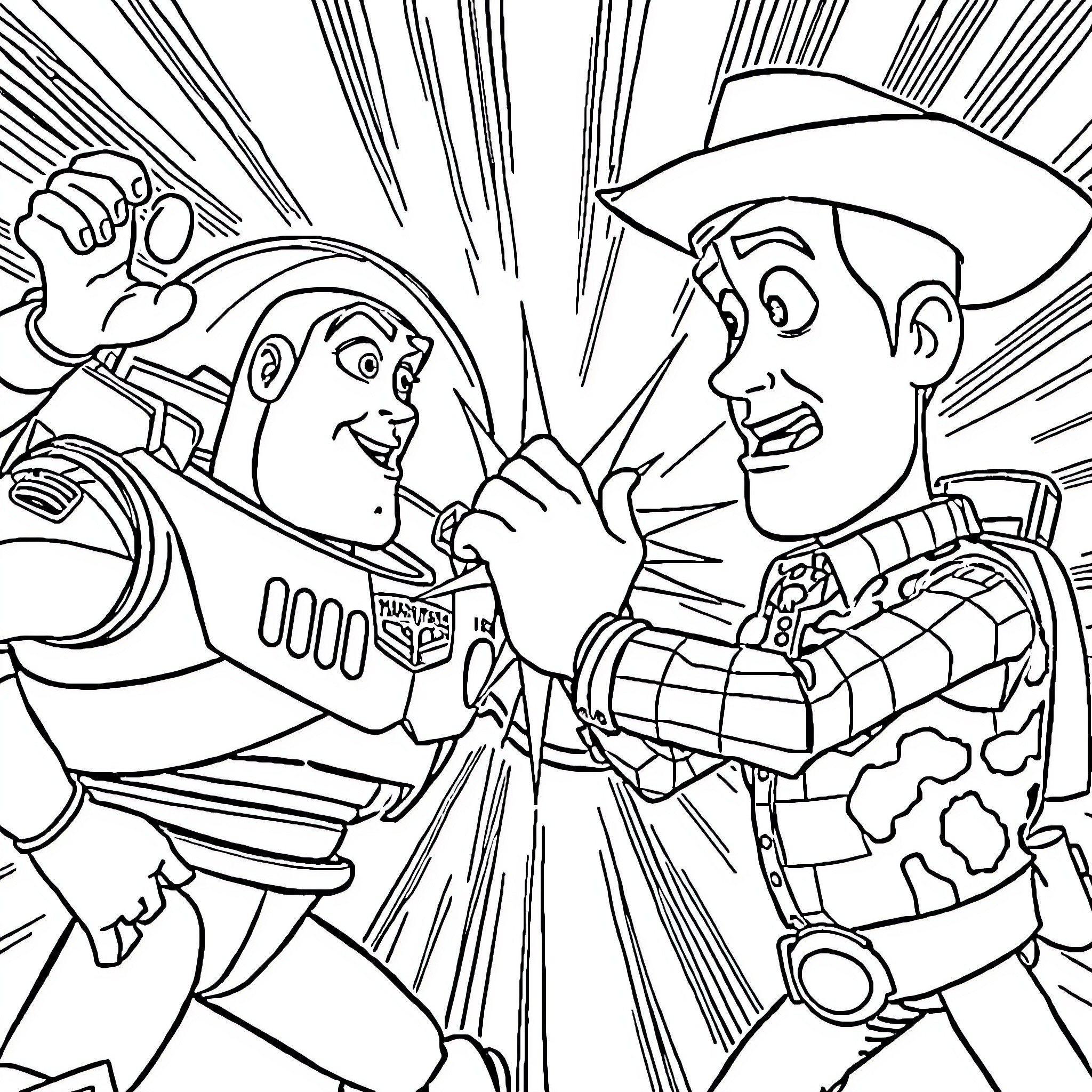 Buzz and Woody facing off in an action-packed scene Coloring Page (free black-and-white line drawing printable PDF for all, from beginners to advanced learners, including children, teens, adults, and seniors)