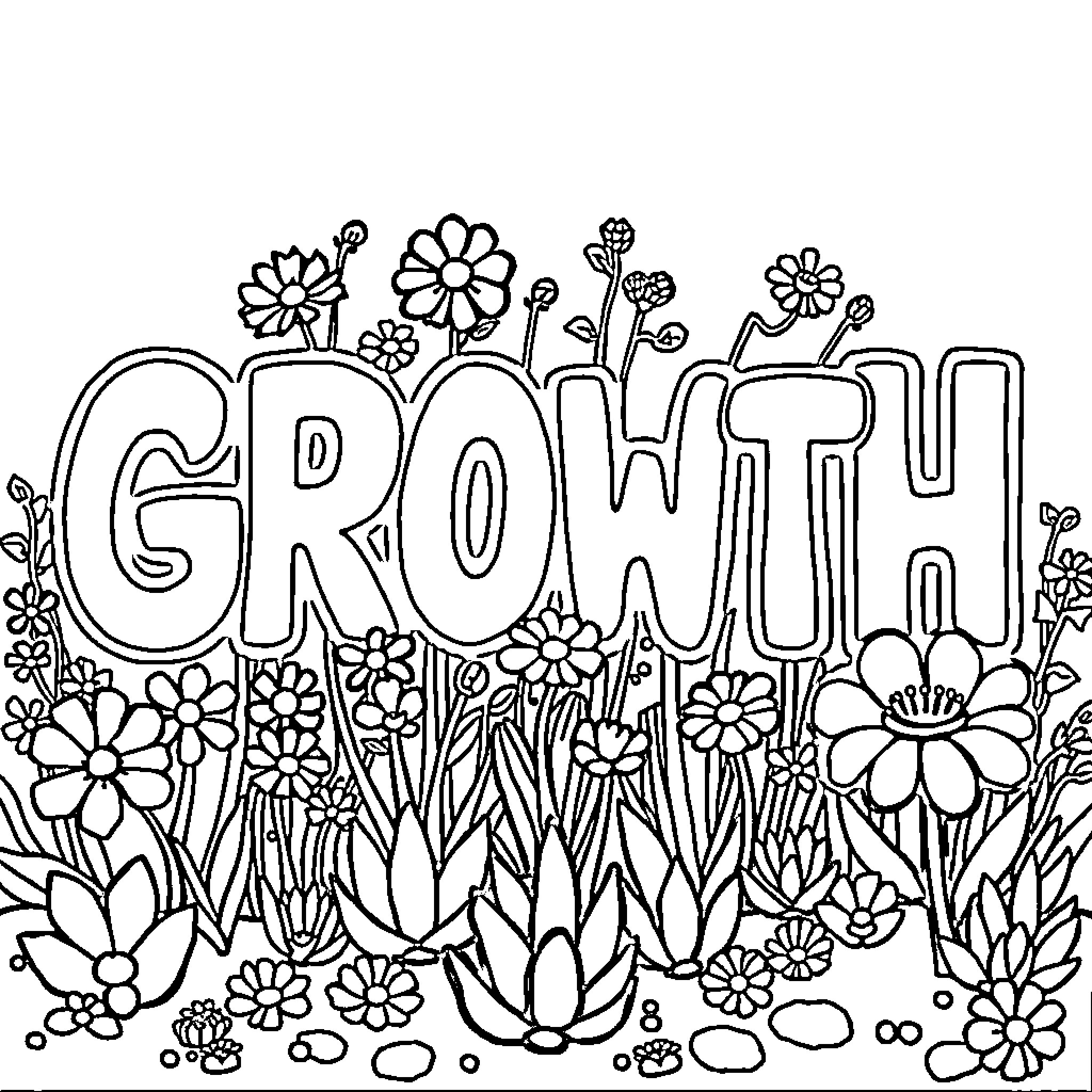 Growth of Vibrant Flowers and Greenery Coloring Page (free black-and-white line drawing printable PDF for all, from beginners to advanced learners, including children, teens, adults, and seniors)