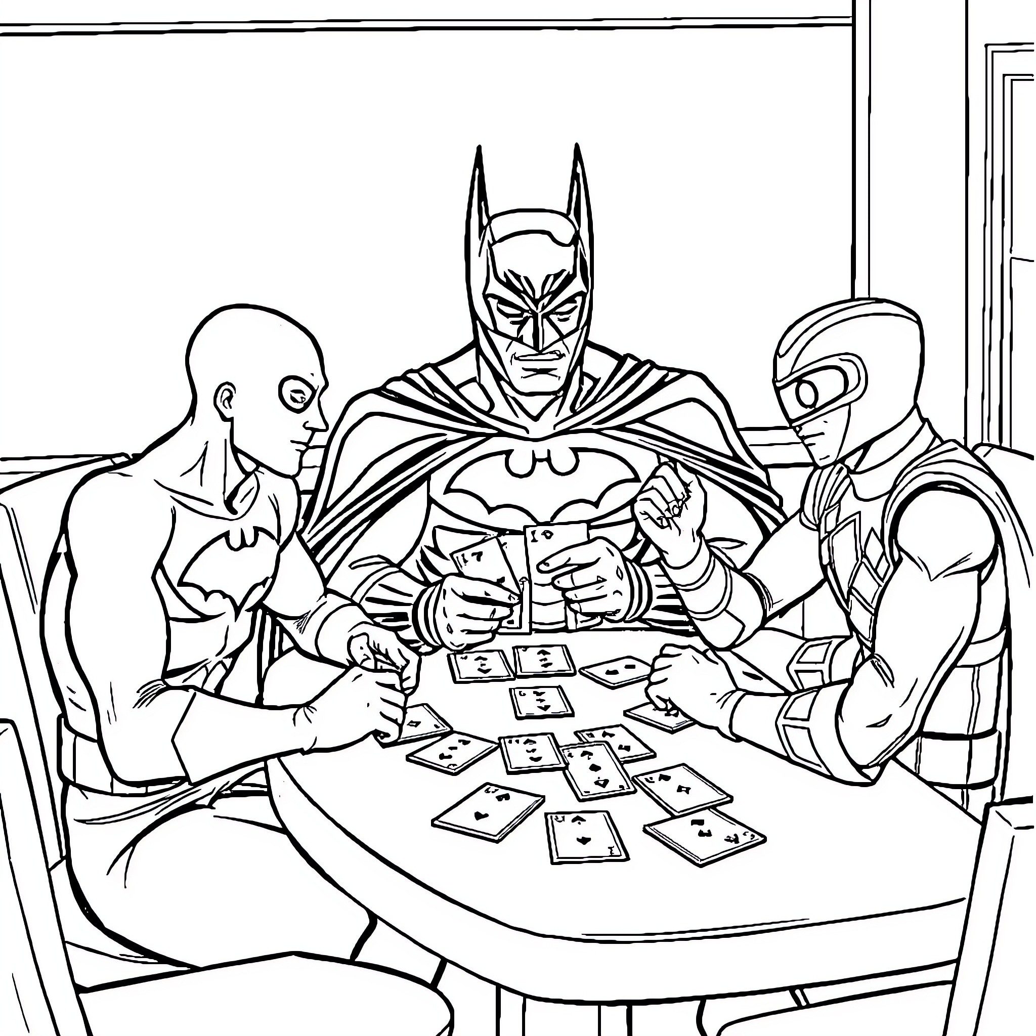 Bluey plays card games with heroic friends Coloring Page (free black-and-white line drawing printable PDF for all, from beginners to advanced learners, including children, teens, adults, and seniors)