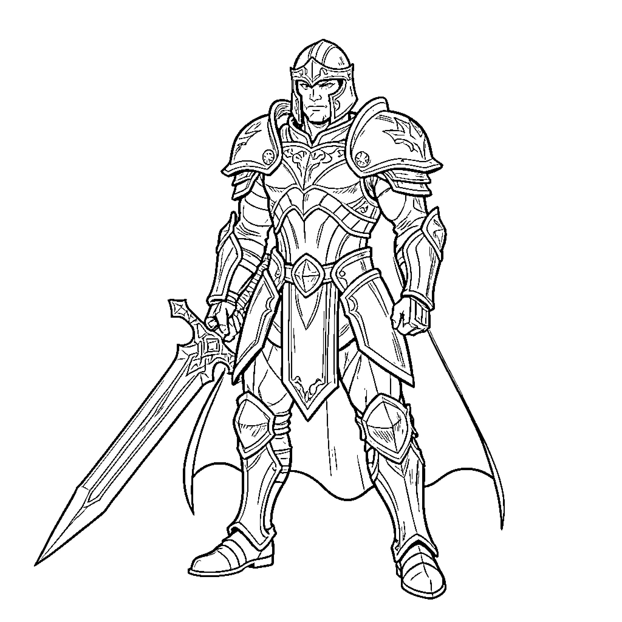 Warrior standing tall in heavy plate armor with sword Coloring Page (free black-and-white line drawing printable PDF for all, from beginners to advanced learners, including children, teens, adults, and seniors)