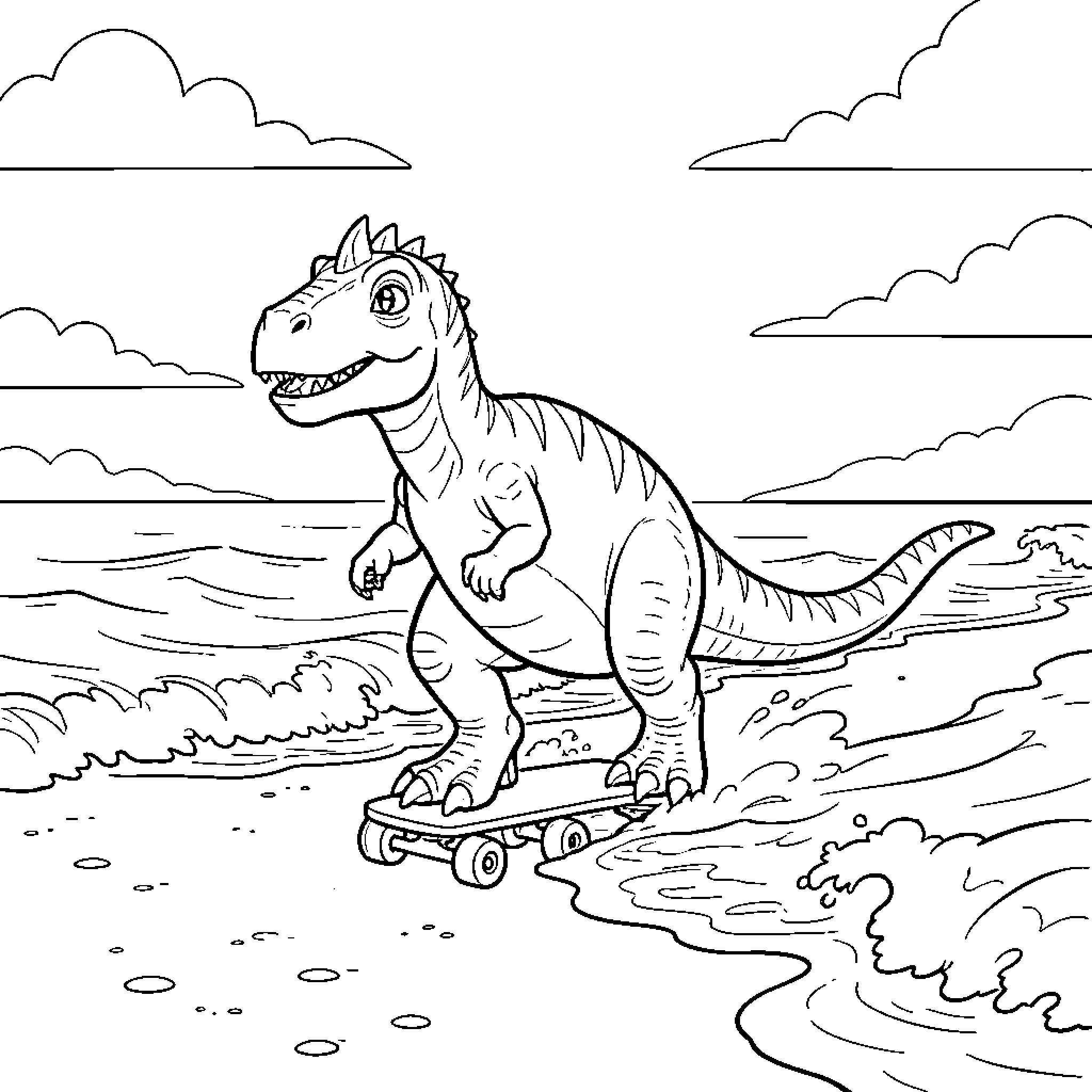 Dinosaur riding a skateboard along the beach waves Coloring Page (free black-and-white line drawing printable PDF for all, from beginners to advanced learners, including children, teens, adults, and seniors)