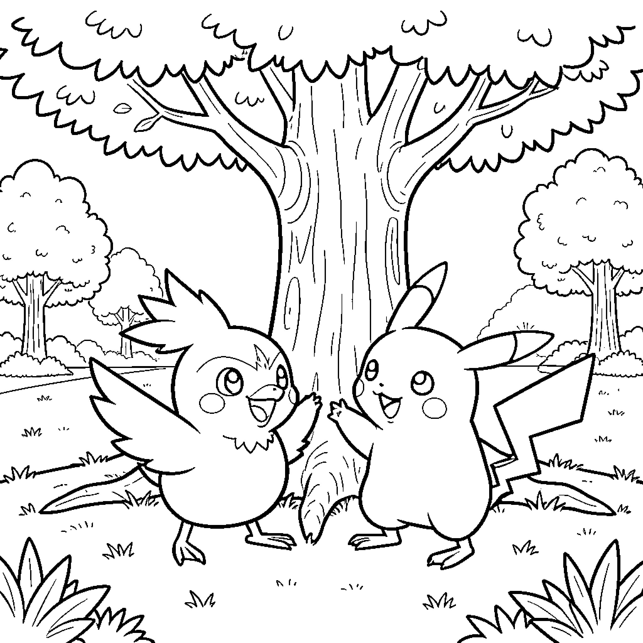 Torchic friends enjoying nature in the forest Coloring Page (free black-and-white line drawing printable PDF for all, from beginners to advanced learners, including children, teens, adults, and seniors)