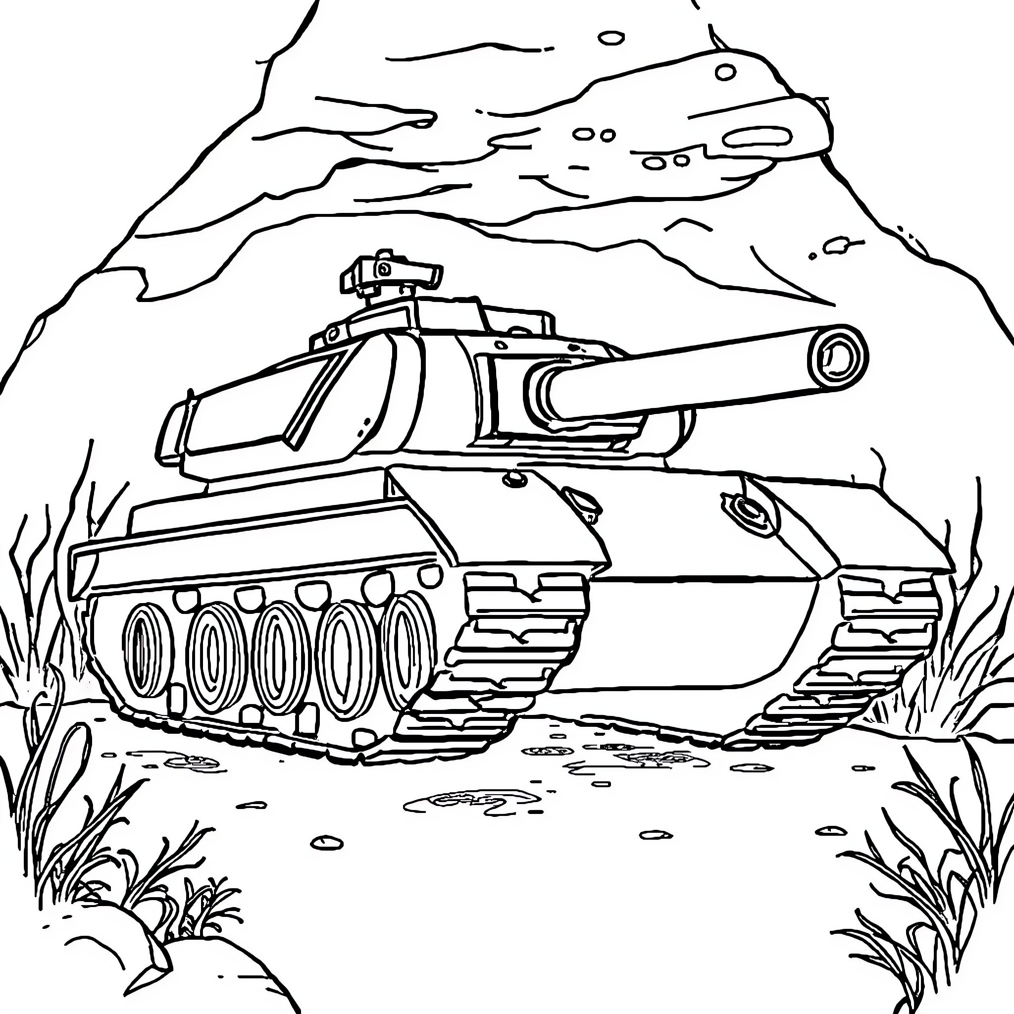 Shadow of a Tank Navigating through Terrain Coloring Page (free black-and-white line drawing printable PDF for all, from beginners to advanced learners, including children, teens, adults, and seniors)