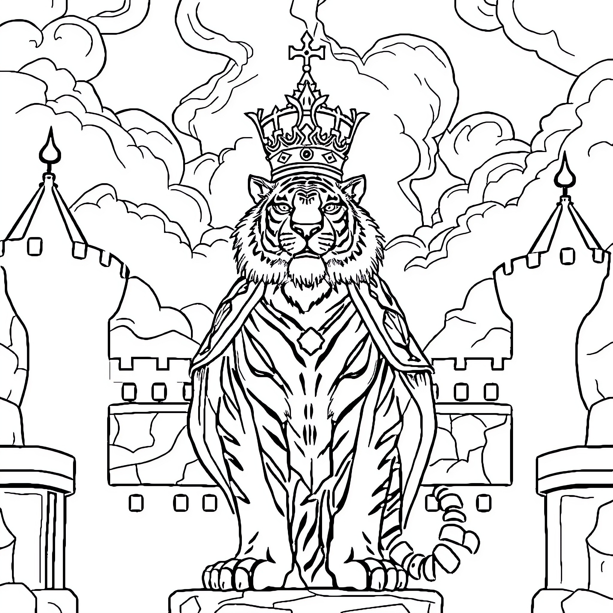 Tiger Ruler of the Castle Realm Coloring Page (free black-and-white line drawing printable PDF for all, from beginners to advanced learners, including children, teens, adults, and seniors)