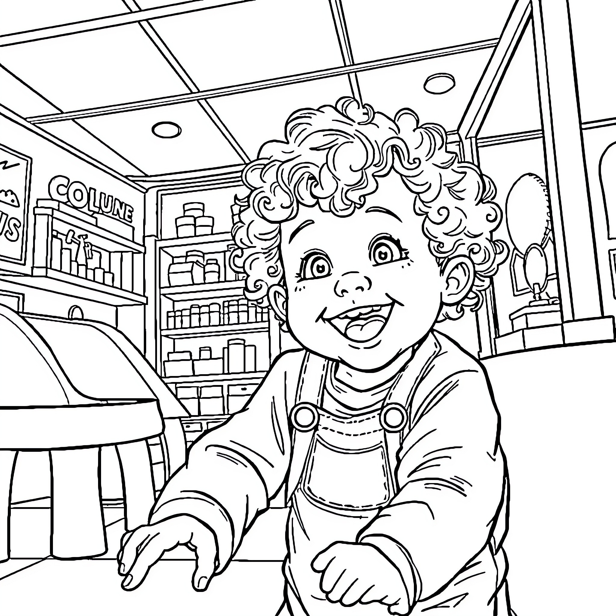 Child joyfully exploring a convenience store Coloring Page (free black-and-white line drawing printable PDF for all, from beginners to advanced learners, including children, teens, adults, and seniors)