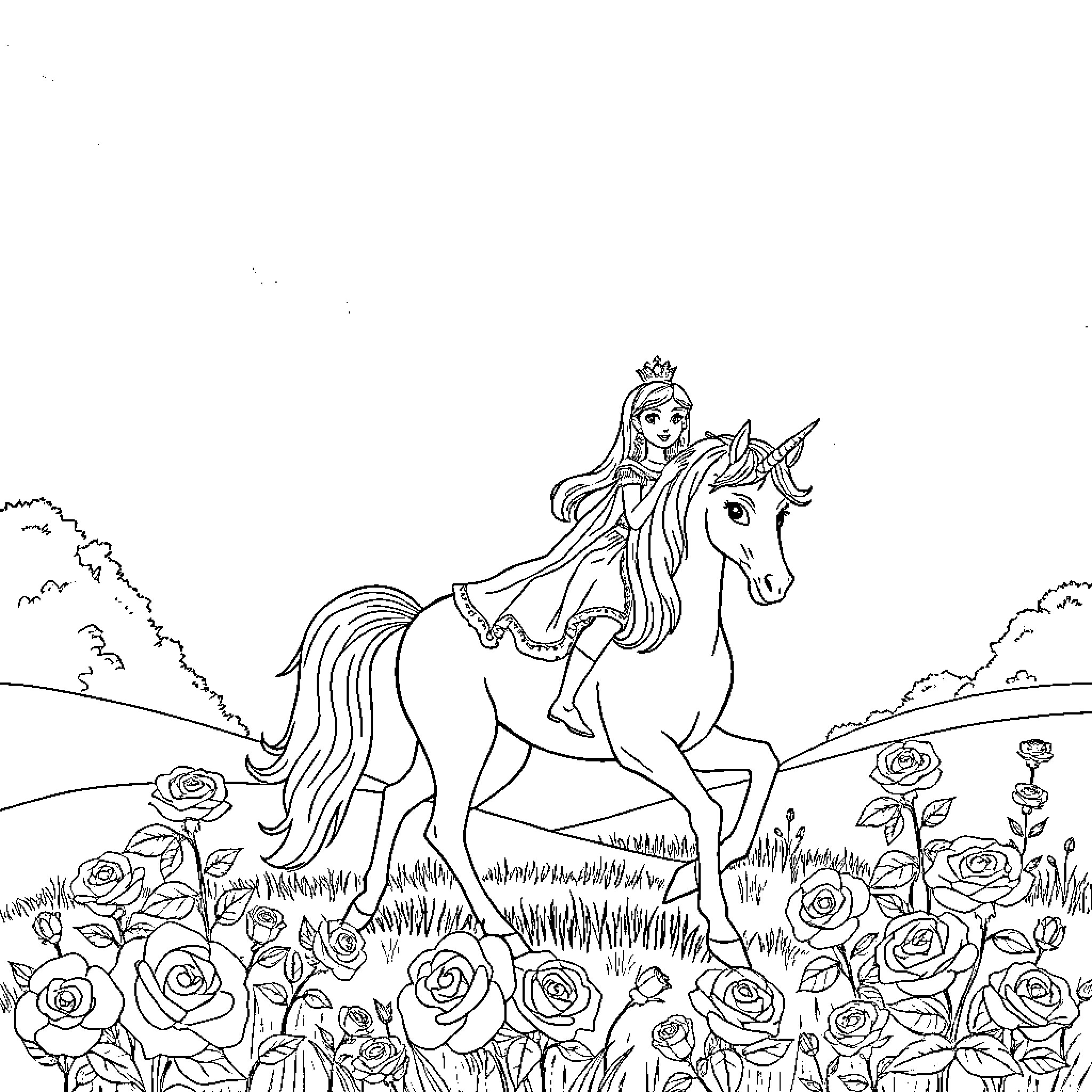 Princess Riding a Unicorn through a Flowery Field Coloring Page (free black-and-white line drawing printable PDF for all, from beginners to advanced learners, including children, teens, adults, and seniors)