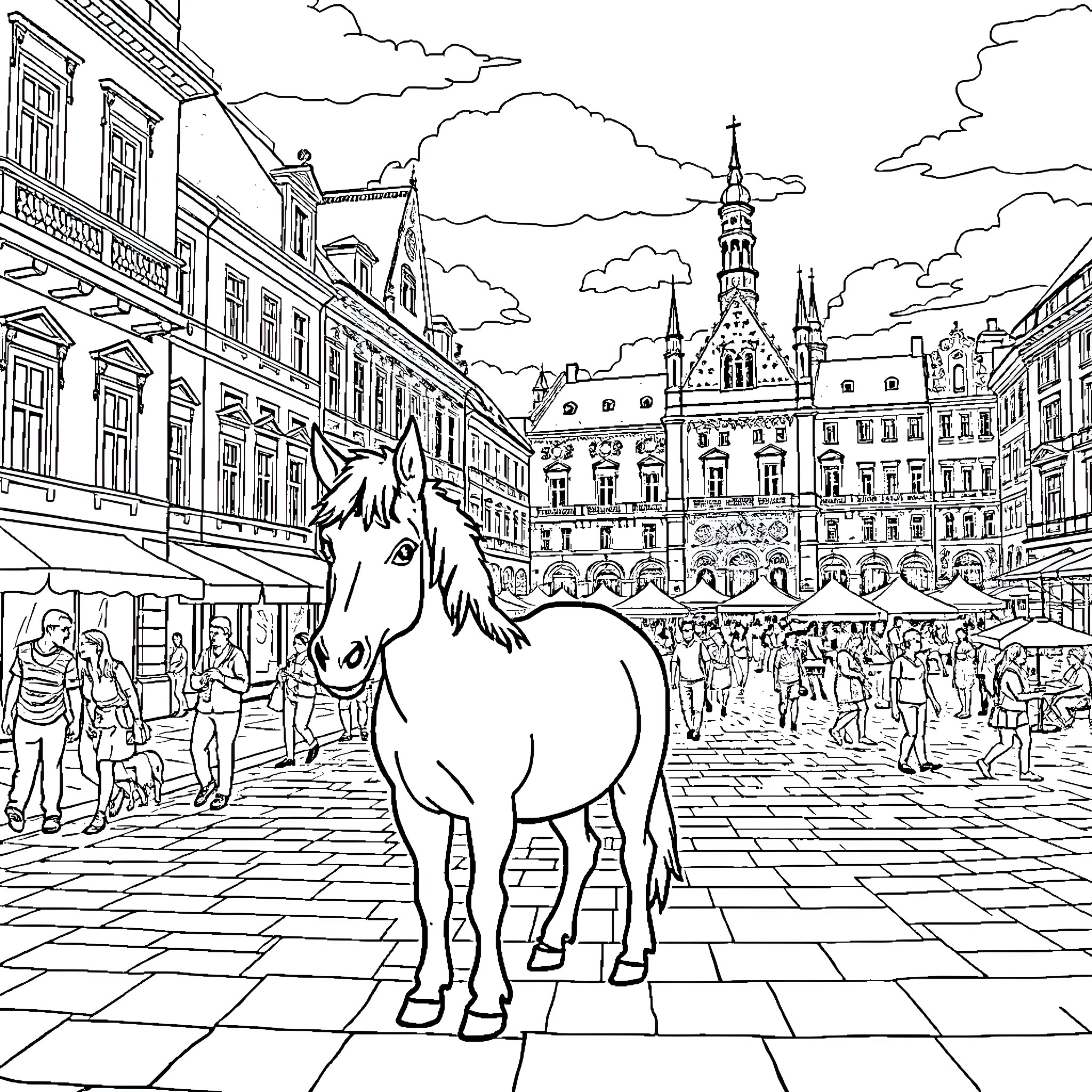 Pony in a Bustling City Plaza Coloring Page (free black-and-white line drawing printable PDF for all, from beginners to advanced learners, including children, teens, adults, and seniors)