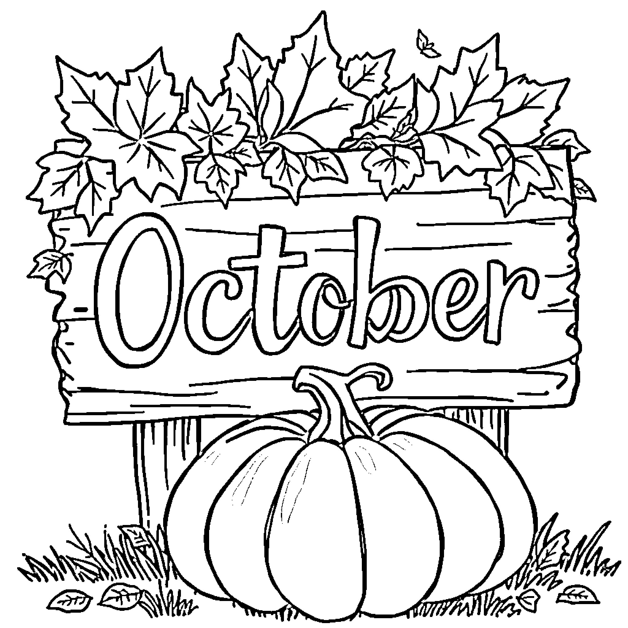 Pumpkin harvest scene with October sign Coloring Page (free black-and-white line drawing printable PDF for all, from beginners to advanced learners, including children, teens, adults, and seniors)