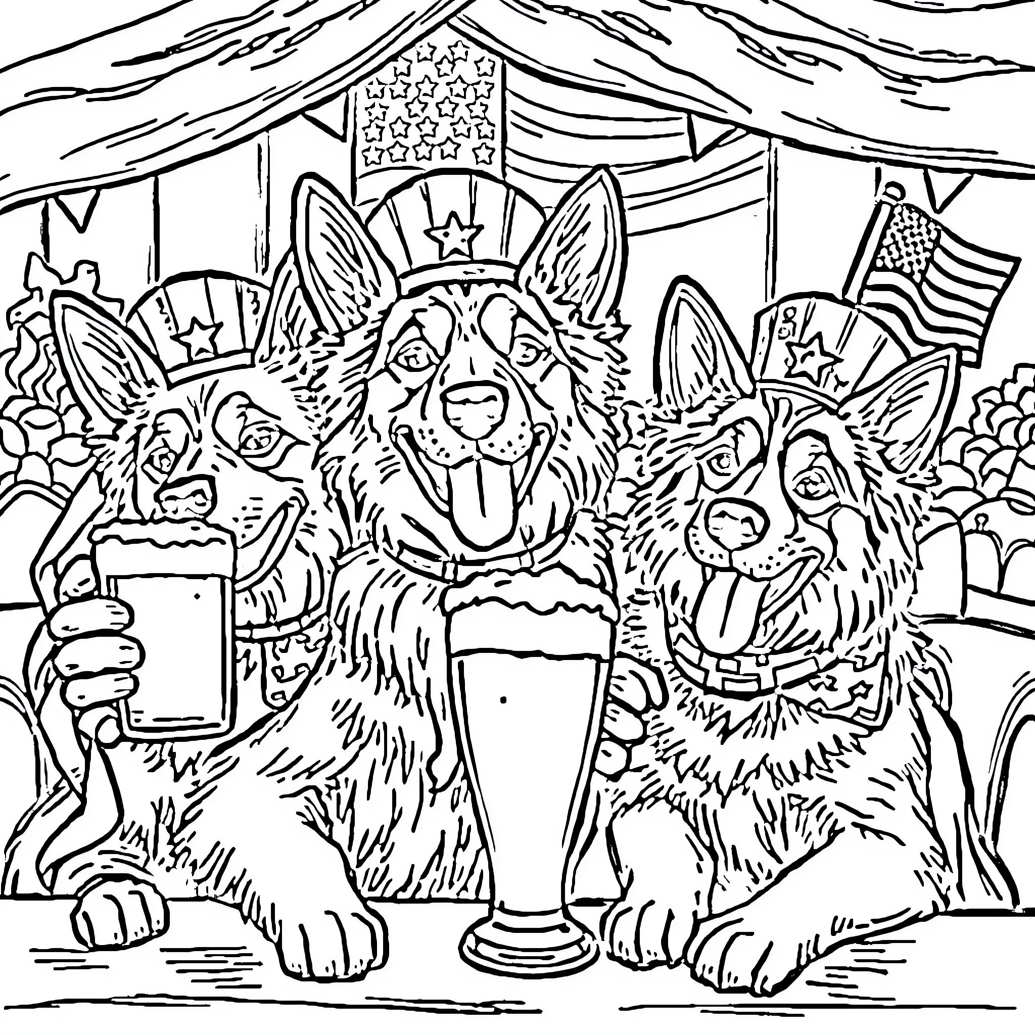 Service Dogs Celebrating at a Patriotic Festival Coloring Page (free black-and-white line drawing printable PDF for all, from beginners to advanced learners, including children, teens, adults, and seniors)