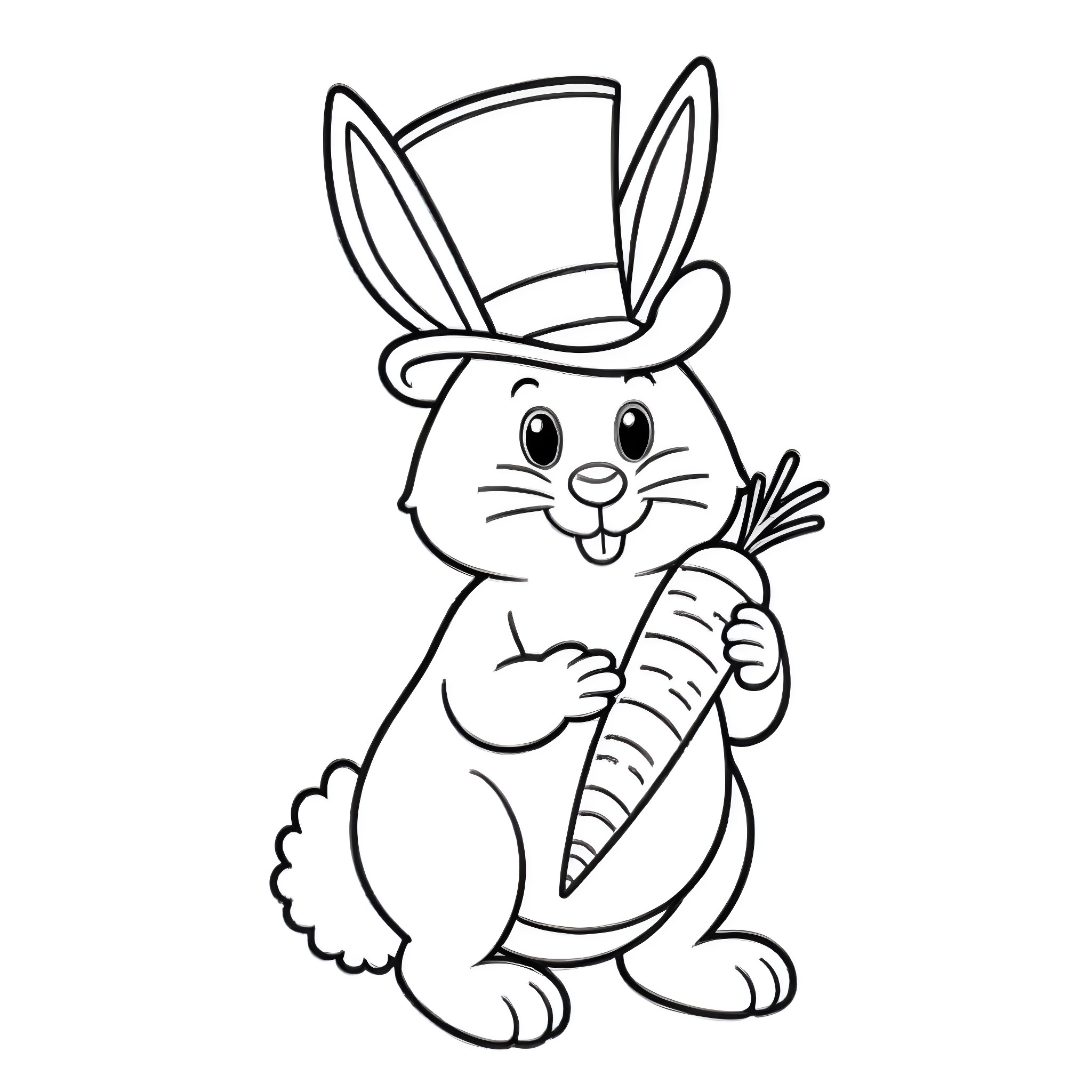 Rabbit wearing top hat holding carrot Coloring Page (free black-and-white line drawing printable PDF for all, from beginners to advanced learners, including children, teens, adults, and seniors)