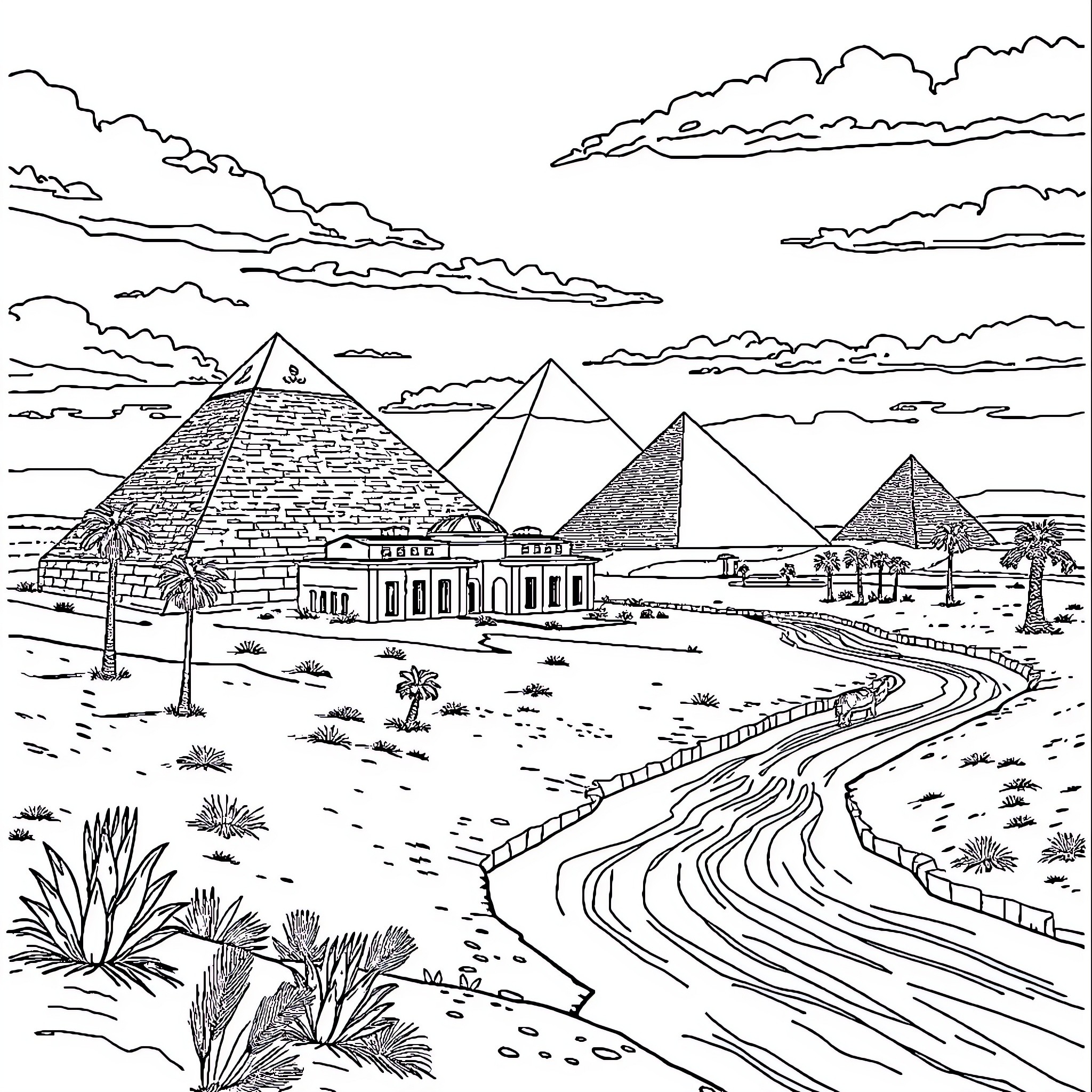 Egypt's Iconic Pyramids and Landscape Coloring Page (free black-and-white line drawing printable PDF for all, from beginners to advanced learners, including children, teens, adults, and seniors)