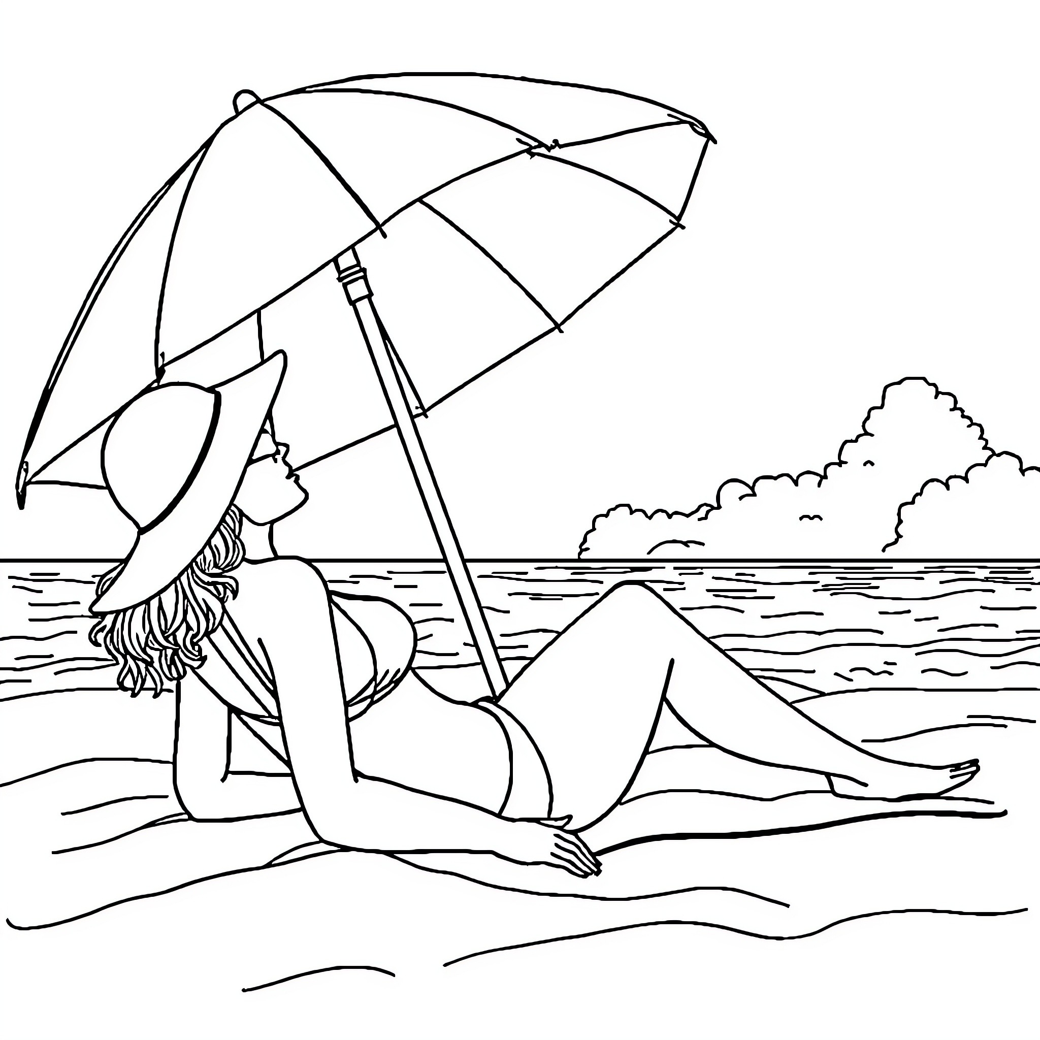 Woman relaxing on the beach with an umbrella Coloring Page (free black-and-white line drawing printable PDF for all, from beginners to advanced learners, including children, teens, adults, and seniors)