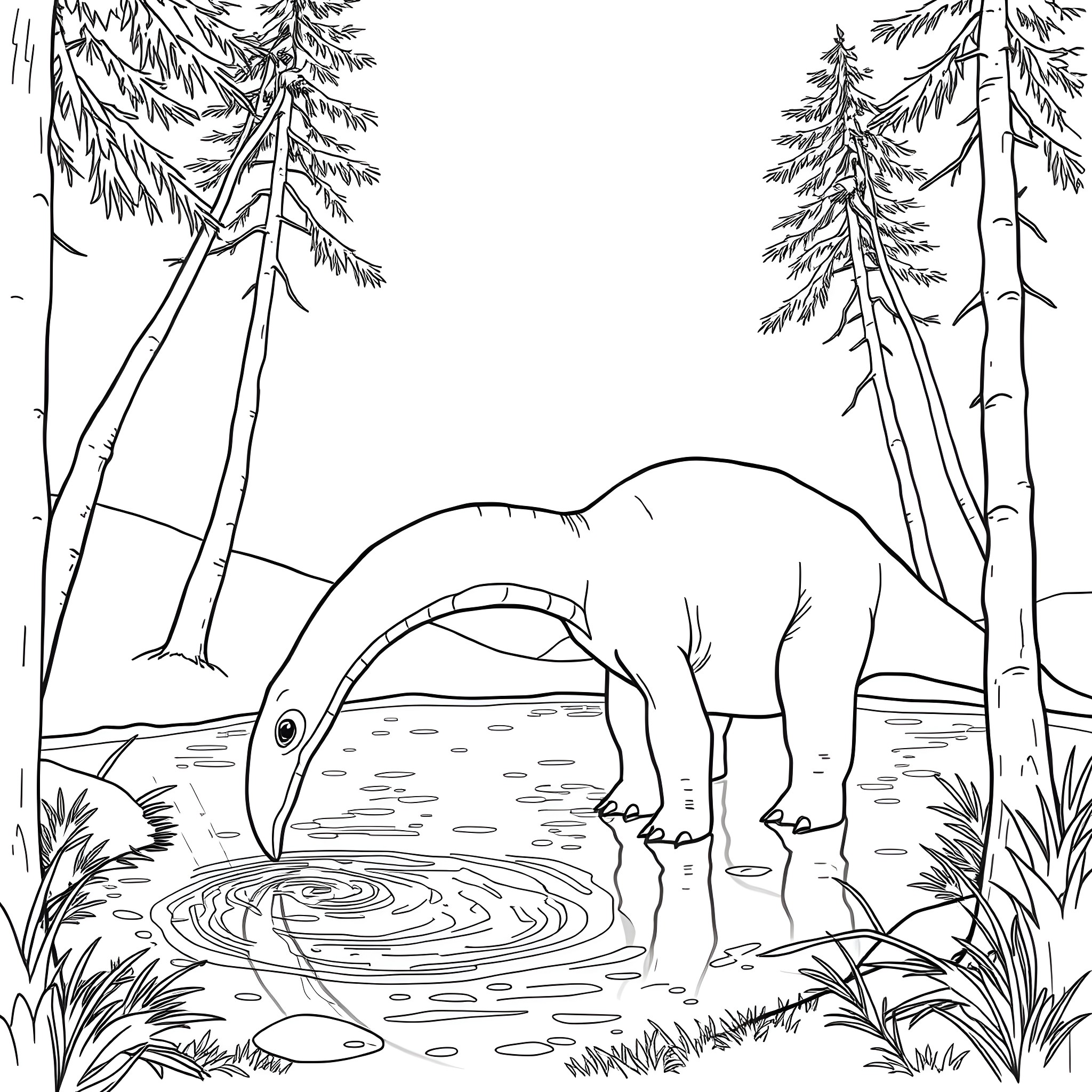 Parasaurolophus in the misty forest Coloring Page (free black-and-white line drawing printable PDF for all, from beginners to advanced learners, including children, teens, adults, and seniors)