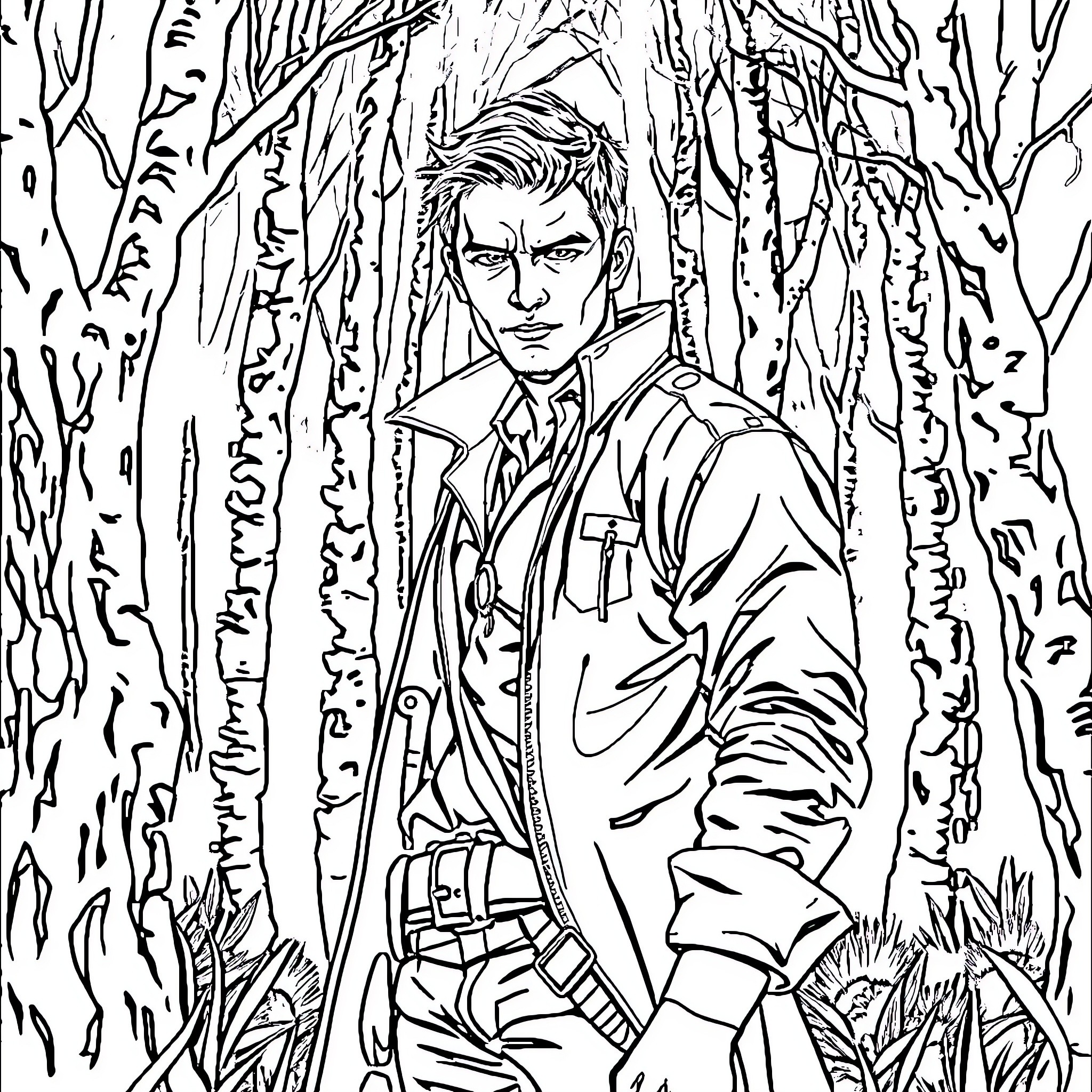 Damon Adventuring Through the Mysterious Forest Coloring Page (free black-and-white line drawing printable PDF for all, from beginners to advanced learners, including children, teens, adults, and seniors)