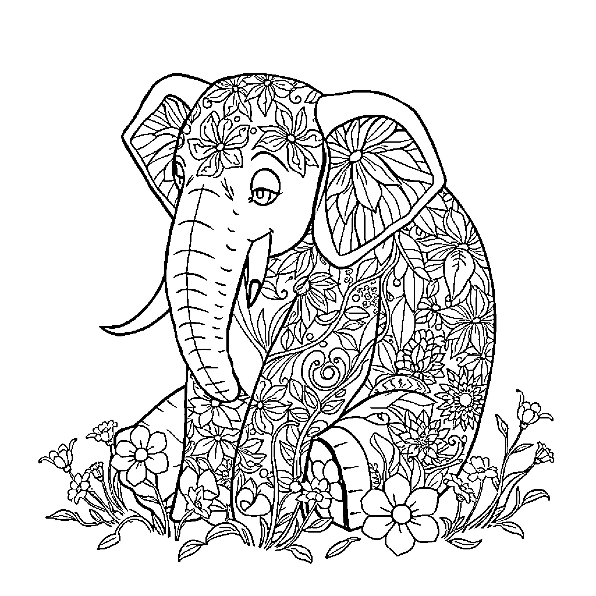 Elephant surrounded by beautiful floral patterns Coloring Page (free black-and-white line drawing printable PDF for all, from beginners to advanced learners, including children, teens, adults, and seniors)