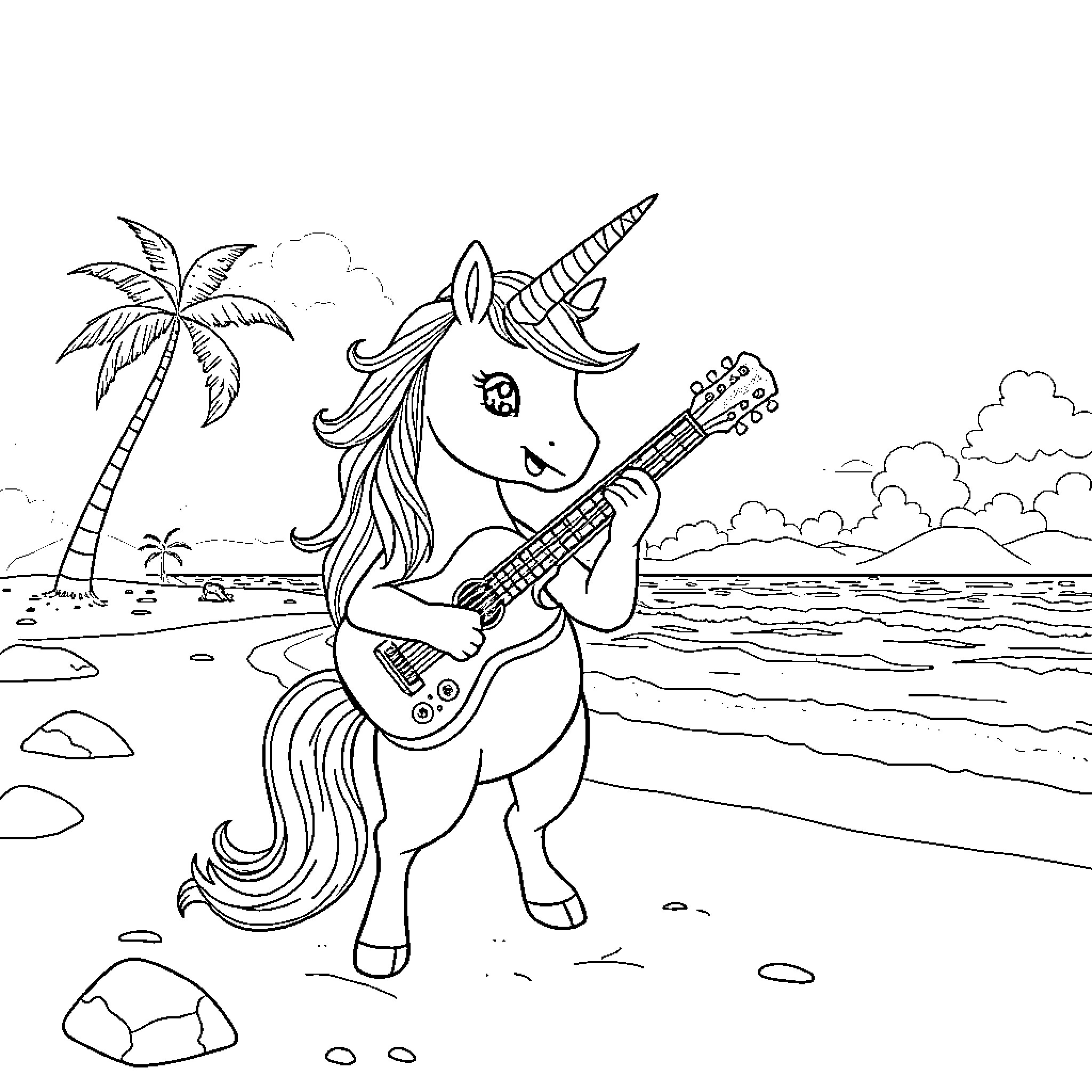 Unicorn playing guitar on the beach Coloring Page (free black-and-white line drawing printable PDF for all, from beginners to advanced learners, including children, teens, adults, and seniors)