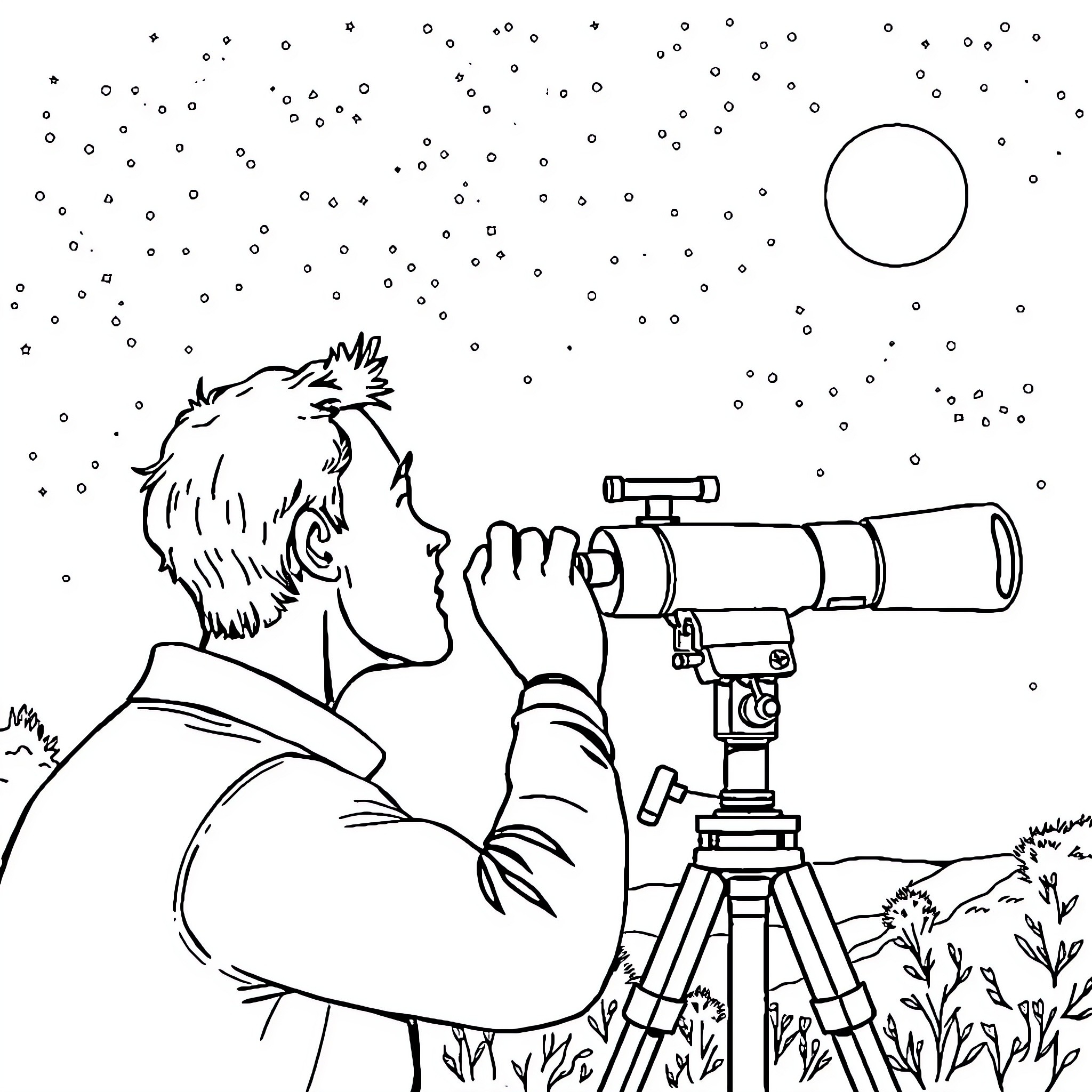 Man gazing into the night sky through a telescope Coloring Page (free black-and-white line drawing printable PDF for all, from beginners to advanced learners, including children, teens, adults, and seniors)