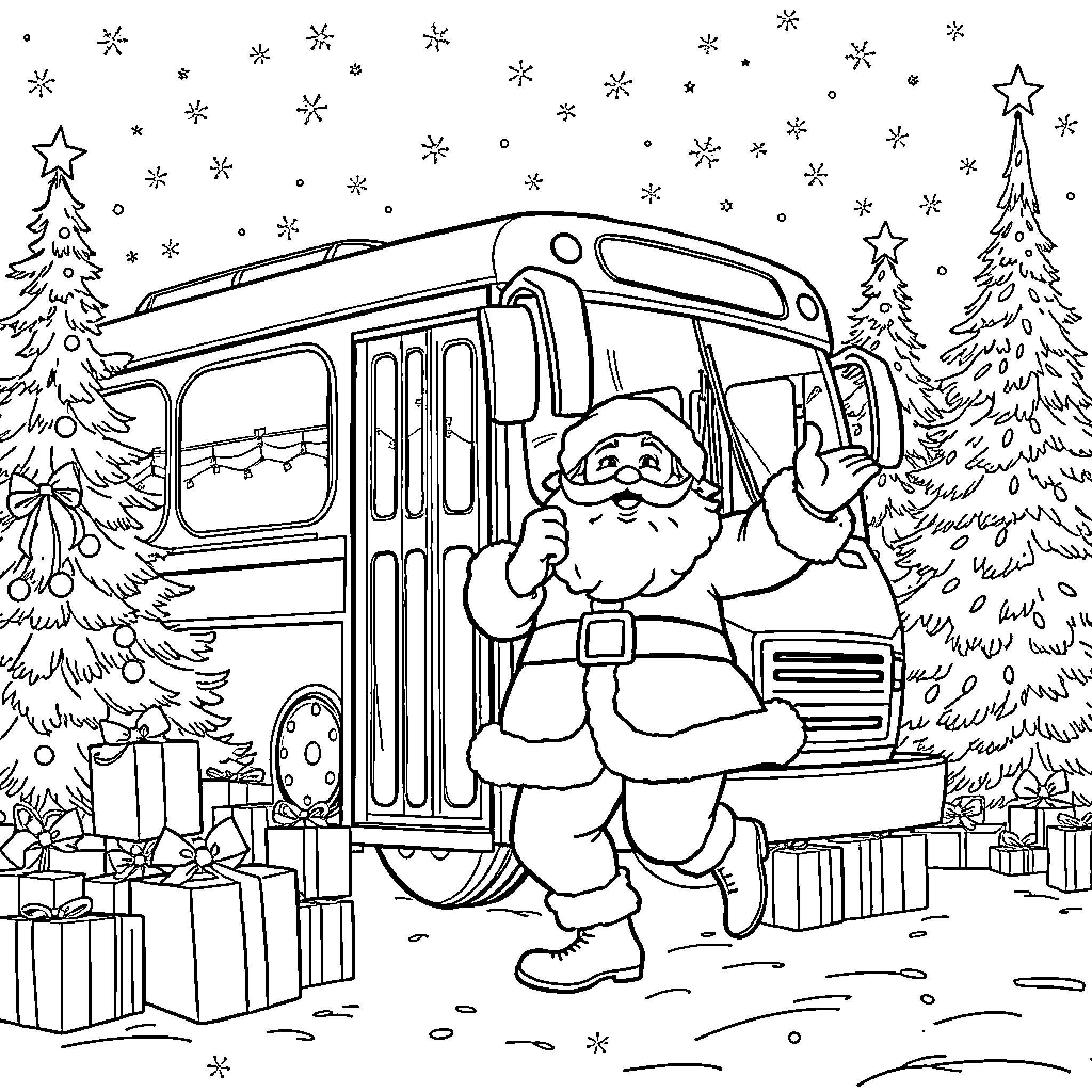 Santa waving and delivering gifts in snowy winter scene Coloring Page (free black-and-white line drawing printable PDF for all, from beginners to advanced learners, including children, teens, adults, and seniors)