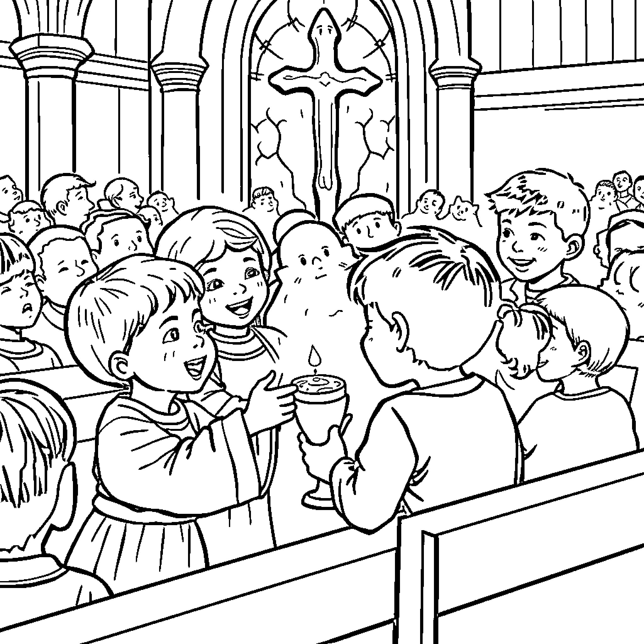 Child Attending Church Service with Peers Coloring Page (free black-and-white line drawing printable PDF for all, from beginners to advanced learners, including children, teens, adults, and seniors)