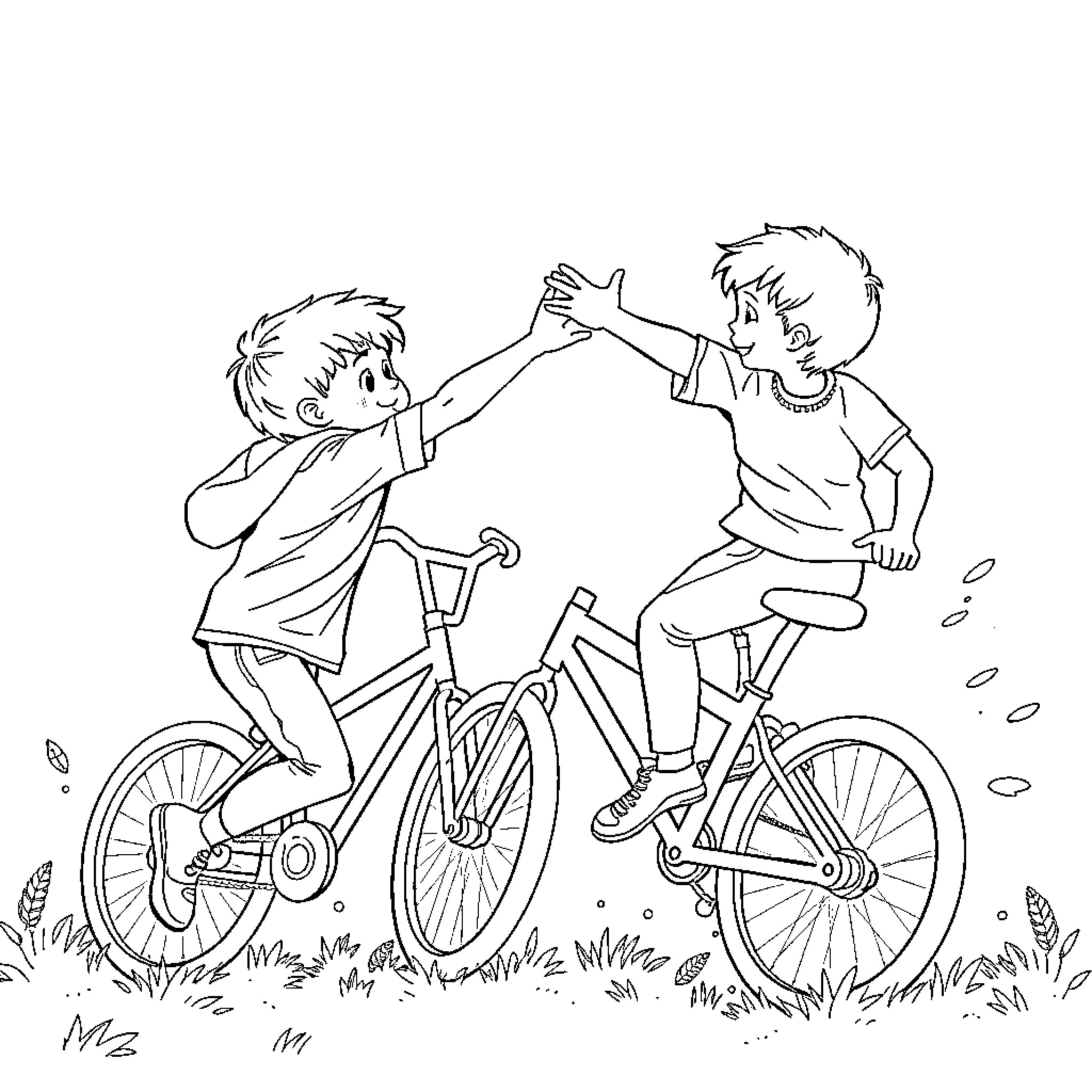 Kids biking and playing outdoors Coloring Page (free black-and-white line drawing printable PDF for all, from beginners to advanced learners, including children, teens, adults, and seniors)