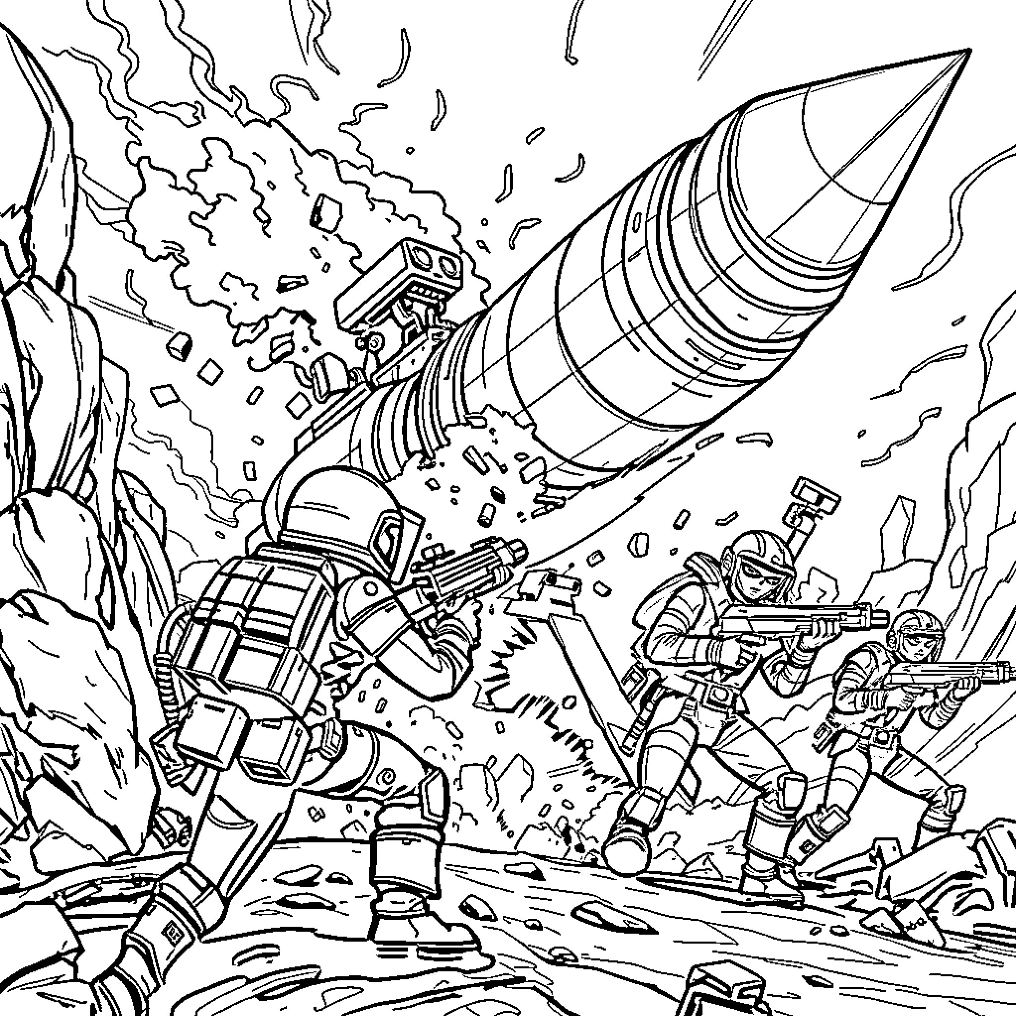 Arc Raider: Explosive Encounter on Alien Terrain Coloring Page (free black-and-white line drawing printable PDF for all, from beginners to advanced learners, including children, teens, adults, and seniors)