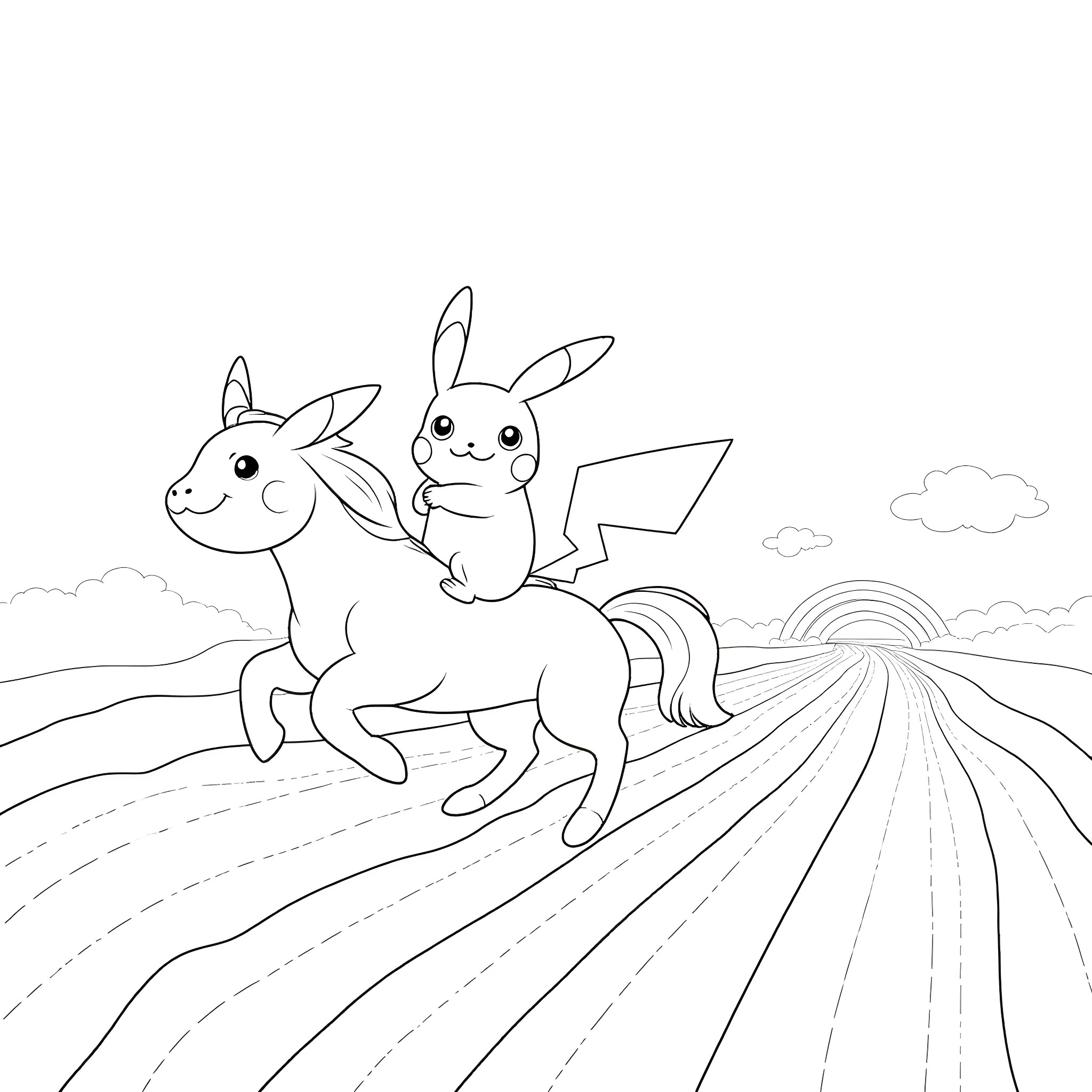 Pikachu riding a unicorn in a whimsical landscape Coloring Page (free black-and-white line drawing printable PDF for all, from beginners to advanced learners, including children, teens, adults, and seniors)