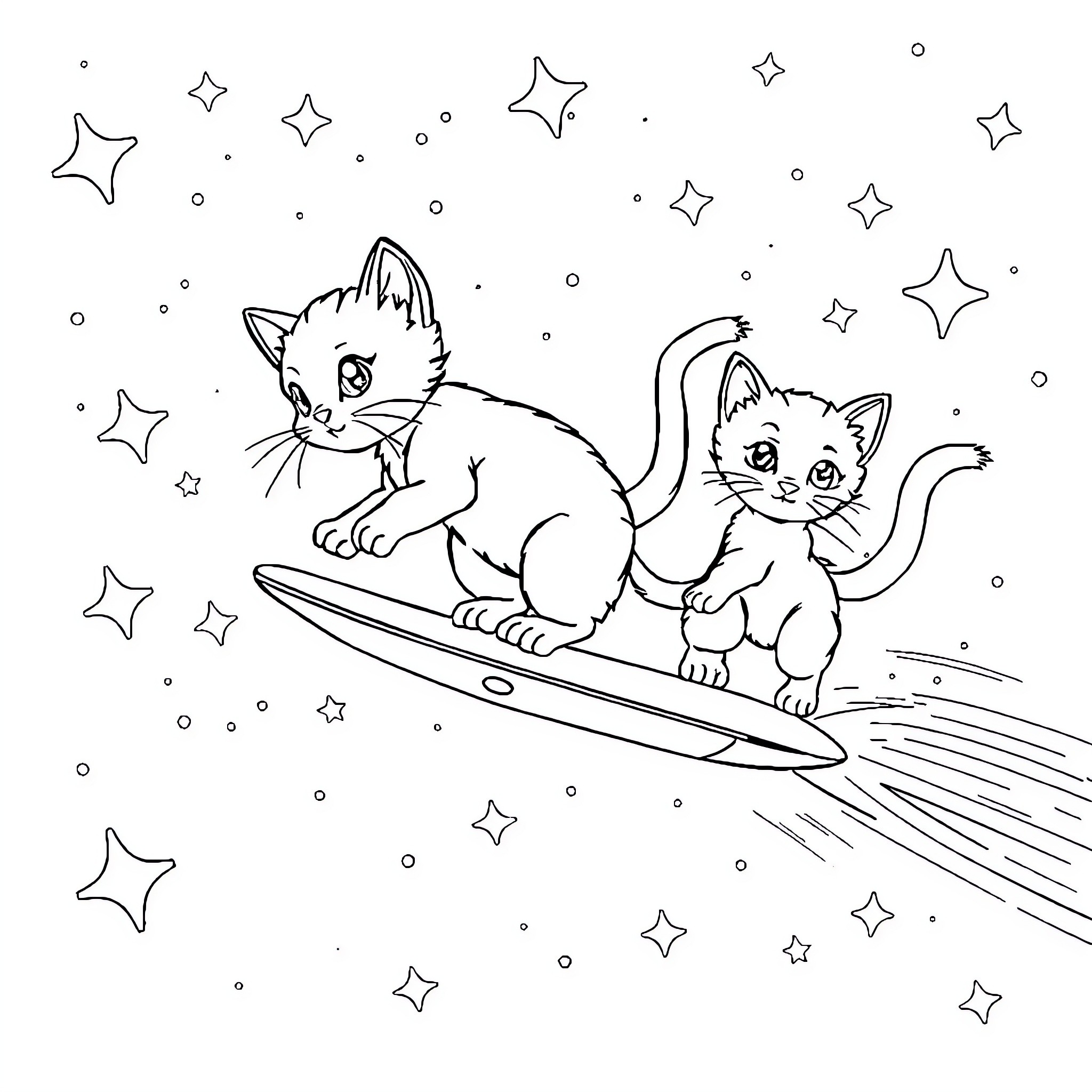 Kittens surfing through the starry night Coloring Page (free black-and-white line drawing printable PDF for all, from beginners to advanced learners, including children, teens, adults, and seniors)