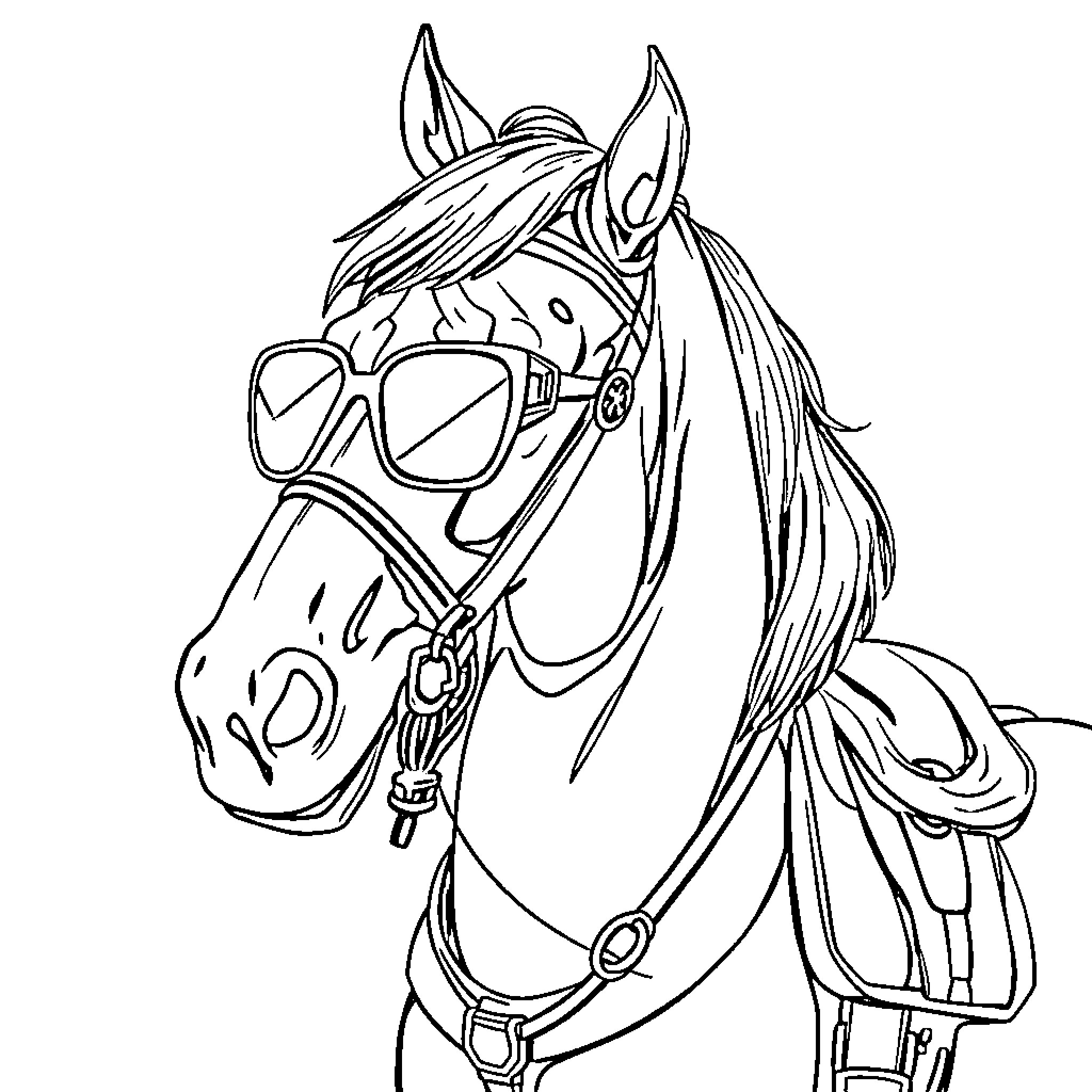 Cheval wearing sunglasses and harness in sketch style Coloring Page (free black-and-white line drawing printable PDF for all, from beginners to advanced learners, including children, teens, adults, and seniors)