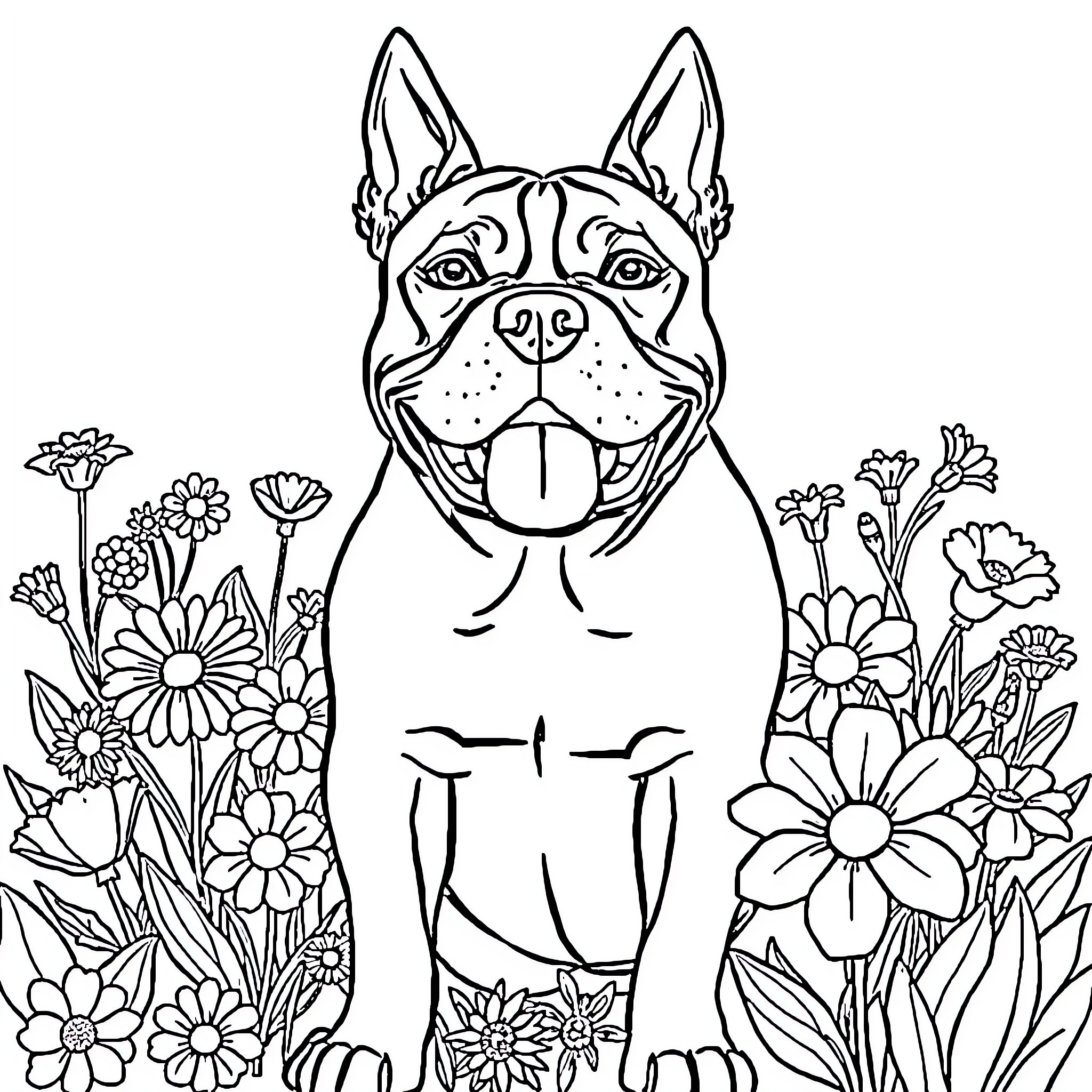 Pit Bull surrounded by colorful flowers Coloring Page (free black-and-white line drawing printable PDF for all, from beginners to advanced learners, including children, teens, adults, and seniors)