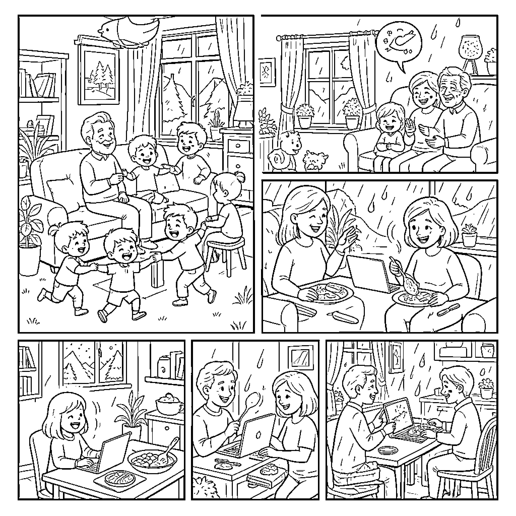 Family Activities at Home Coloring Page (free black-and-white line drawing printable PDF for all, from beginners to advanced learners, including children, teens, adults, and seniors)
