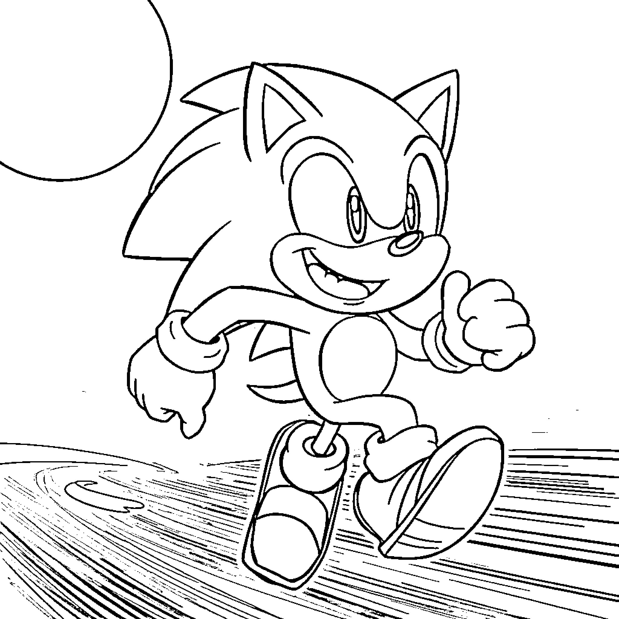 Sonic the Hedgehog running excitedly on a path Coloring Page (free black-and-white line drawing printable PDF for all, from beginners to advanced learners, including children, teens, adults, and seniors)