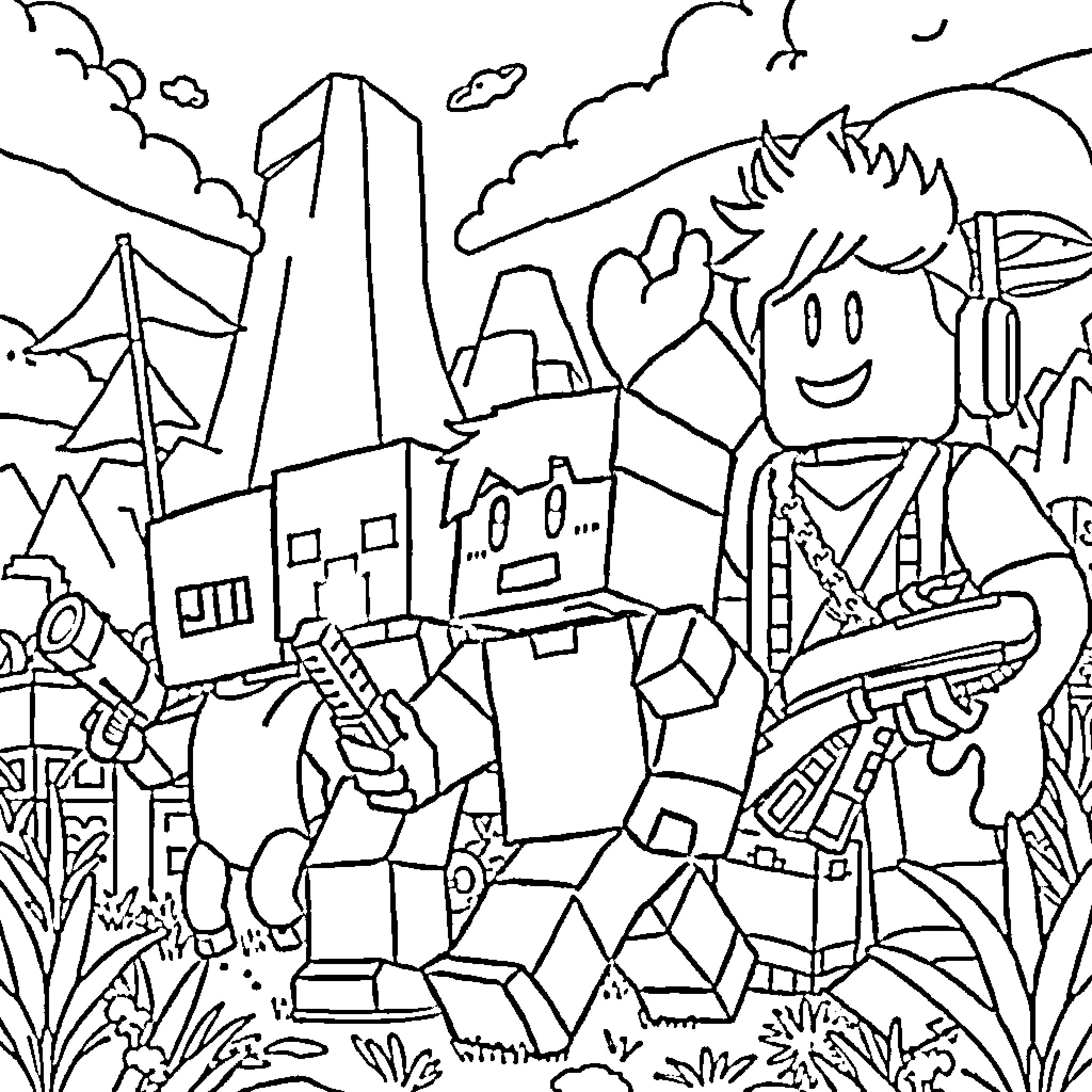 Character exploring whimsical cityscape with buildings and nature Coloring Page (free black-and-white line drawing printable PDF for all, from beginners to advanced learners, including children, teens, adults, and seniors)