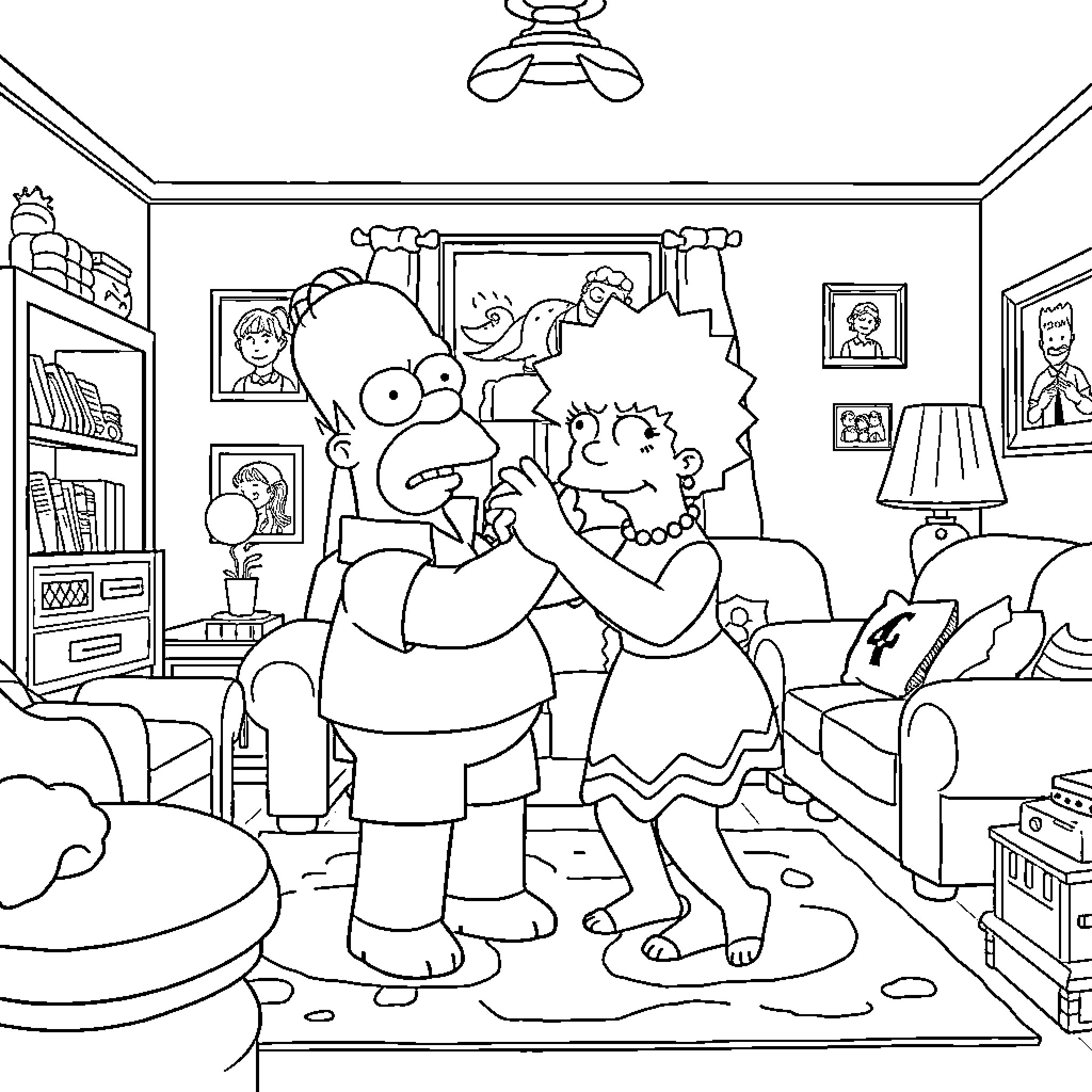 Homer Simpson and family in a chaotic living room scene Coloring Page (free black-and-white line drawing printable PDF for all, from beginners to advanced learners, including children, teens, adults, and seniors)