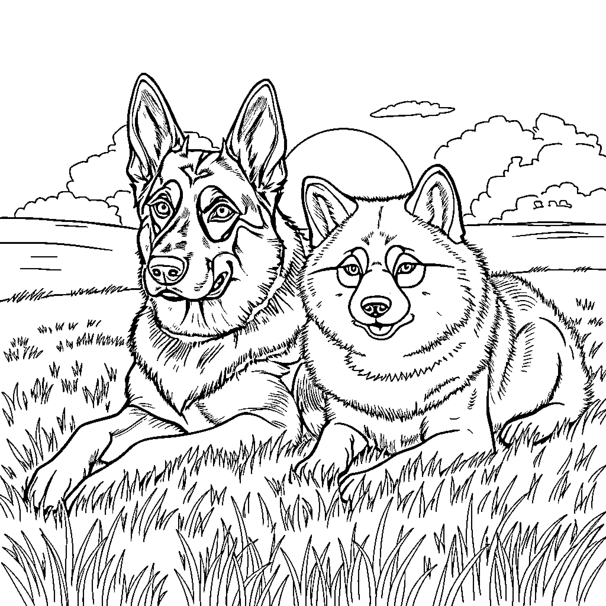 Dog friends relaxing in the countryside Coloring Page (free black-and-white line drawing printable PDF for all, from beginners to advanced learners, including children, teens, adults, and seniors)