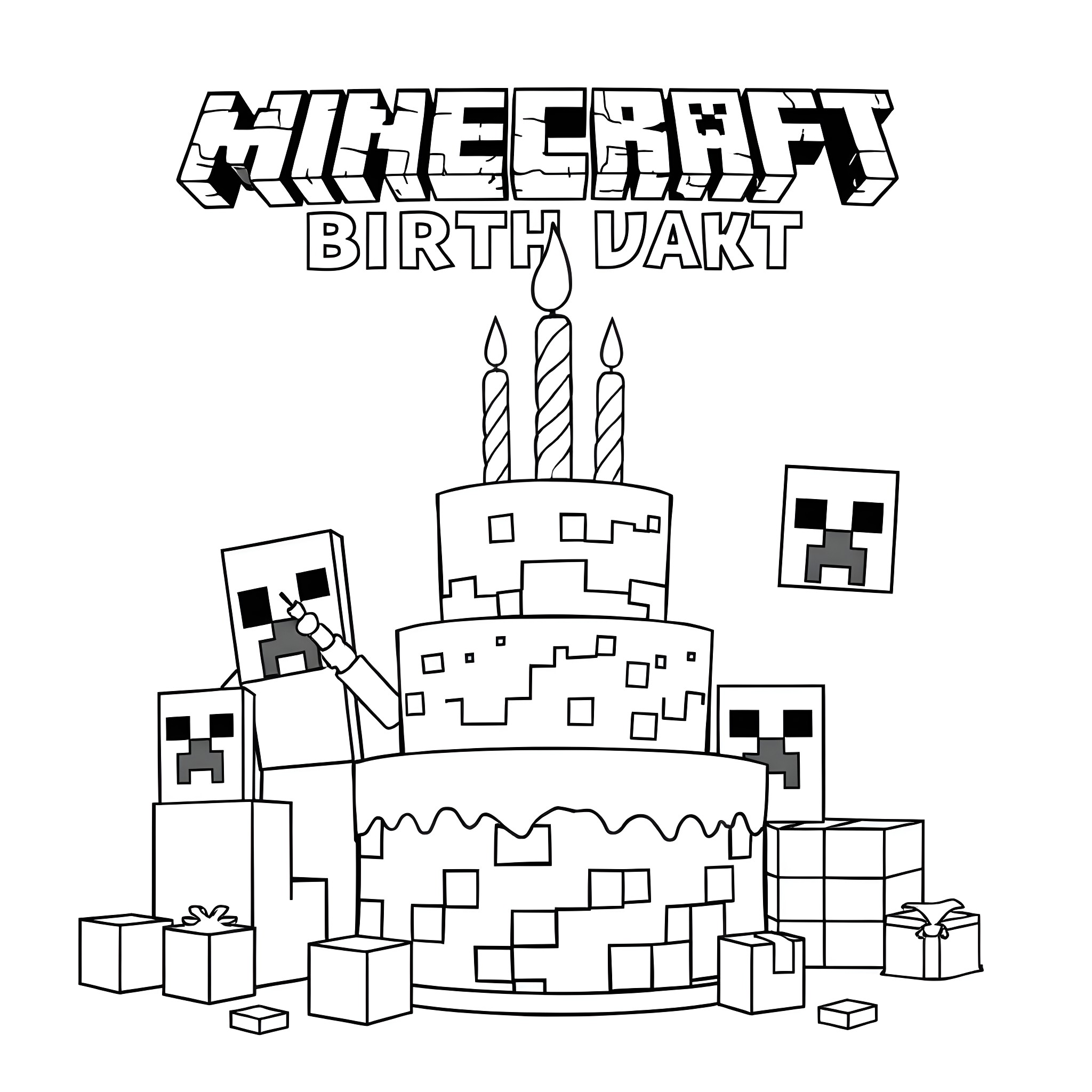 Minecraft characters celebrating birthday with cake Coloring Page (free black-and-white line drawing printable PDF for all, from beginners to advanced learners, including children, teens, adults, and seniors)