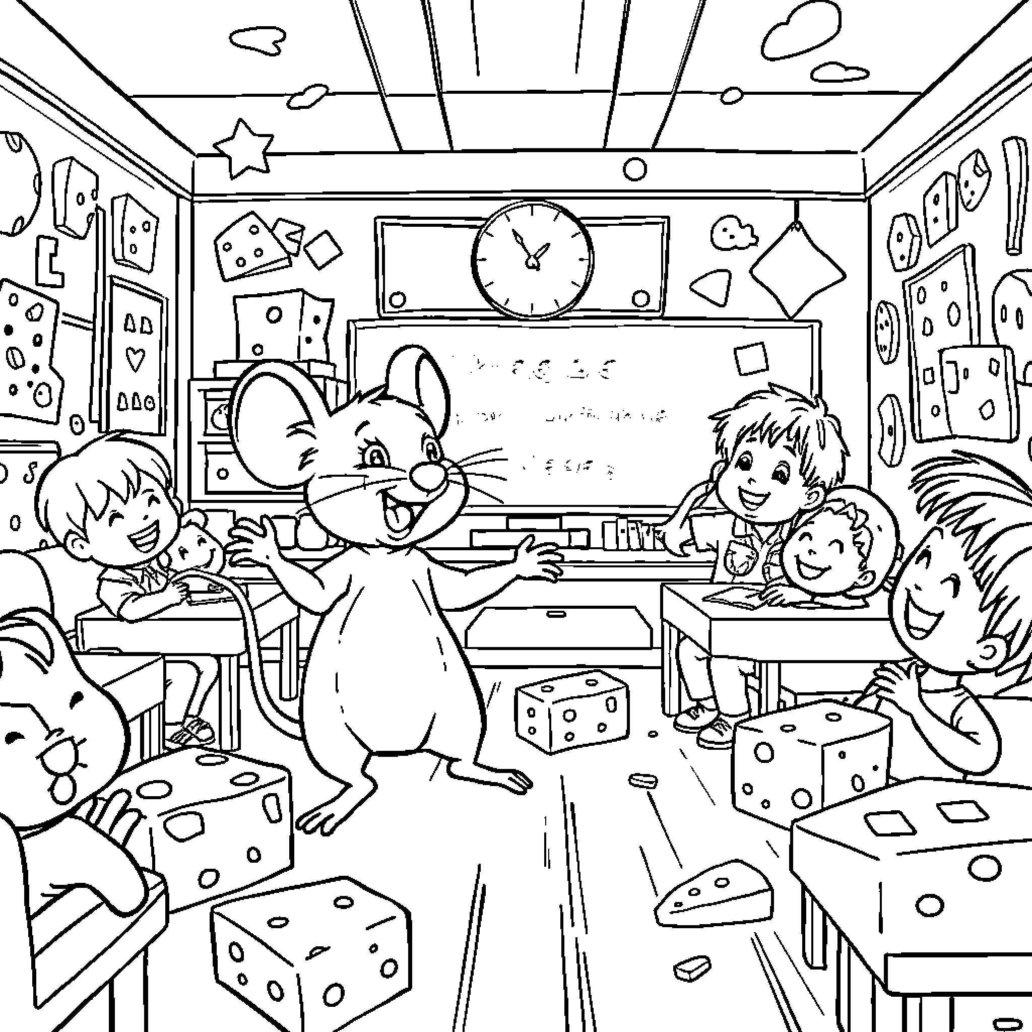 Mouse playing with children in a chaotic classroom Coloring Page (free black-and-white line drawing printable PDF for all, from beginners to advanced learners, including children, teens, adults, and seniors)
