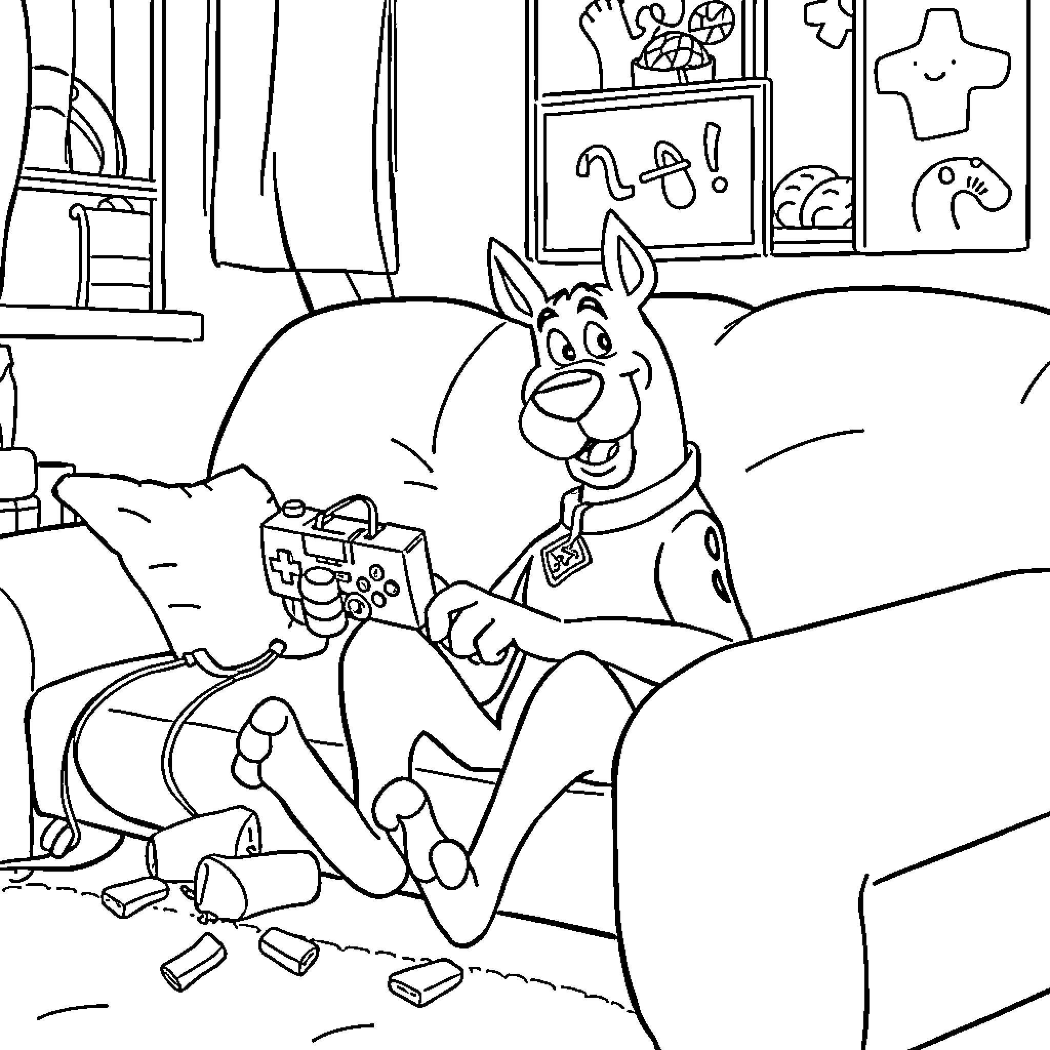 Scooby Doo playing video games on the couch Coloring Page (free black-and-white line drawing printable PDF for all, from beginners to advanced learners, including children, teens, adults, and seniors)