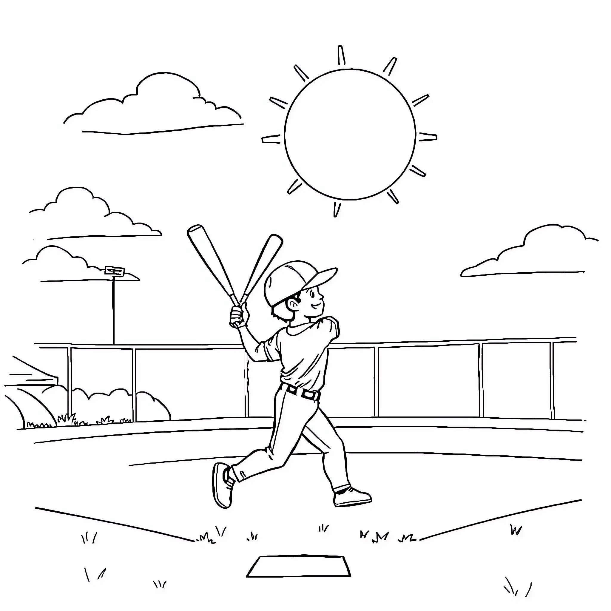 Jojo batting on the baseball field Coloring Page (free black-and-white line drawing printable PDF for all, from beginners to advanced learners, including children, teens, adults, and seniors)