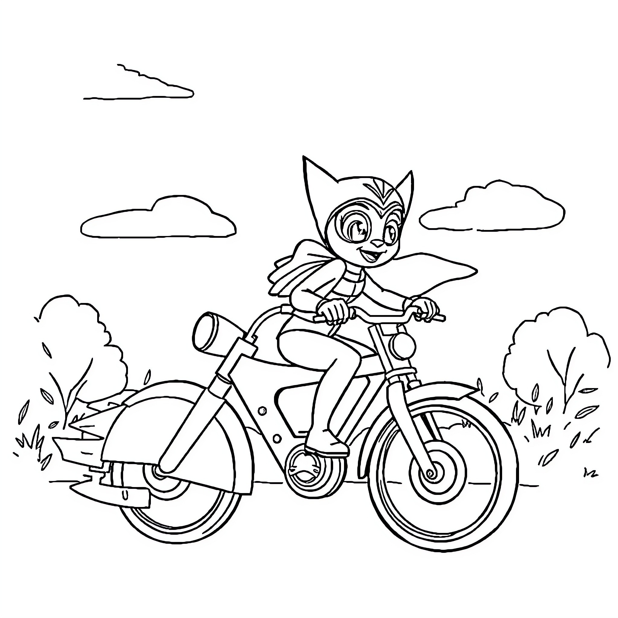 Paw Patrol character riding bicycle on outdoors adventure Coloring Page (free black-and-white line drawing printable PDF for all, from beginners to advanced learners, including children, teens, adults, and seniors)
