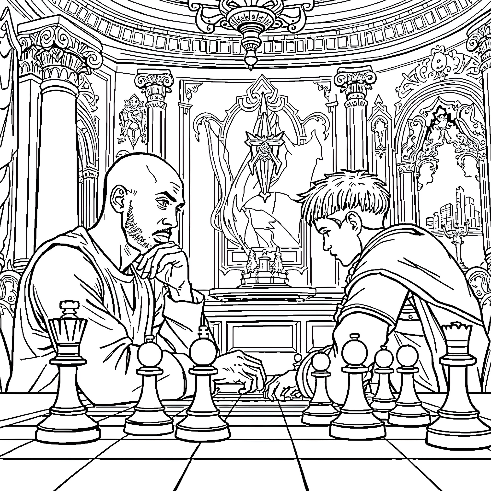 Kobe Bryant contemplating chess strategy with opponent Coloring Page (free black-and-white line drawing printable PDF for all, from beginners to advanced learners, including children, teens, adults, and seniors)