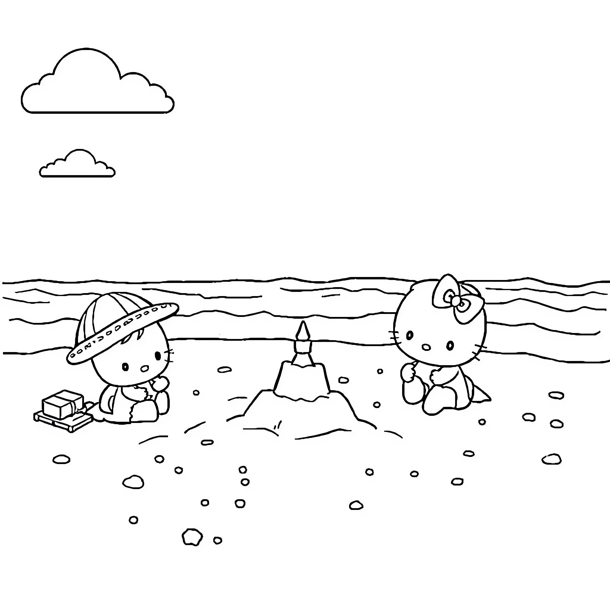 Sanrio Characters Building Sandcastles at the Beach Coloring Page (free black-and-white line drawing printable PDF for all, from beginners to advanced learners, including children, teens, adults, and seniors)