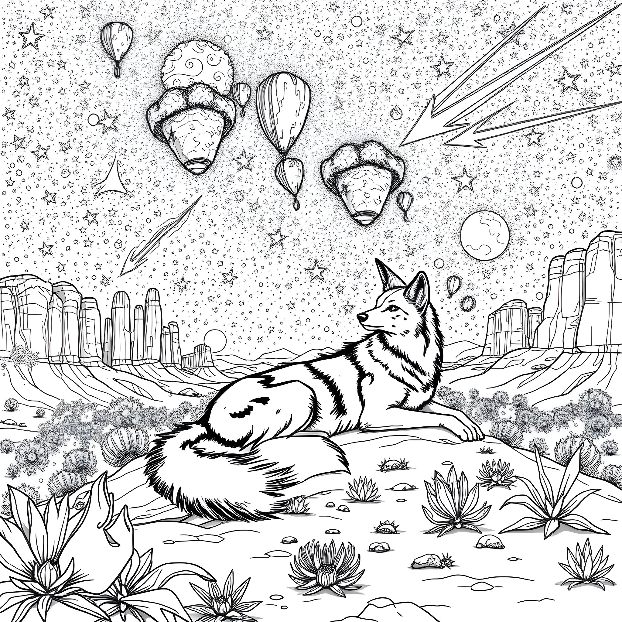 Coyote resting in the alien desert landscape Coloring Page (free black-and-white line drawing printable PDF for all, from beginners to advanced learners, including children, teens, adults, and seniors)