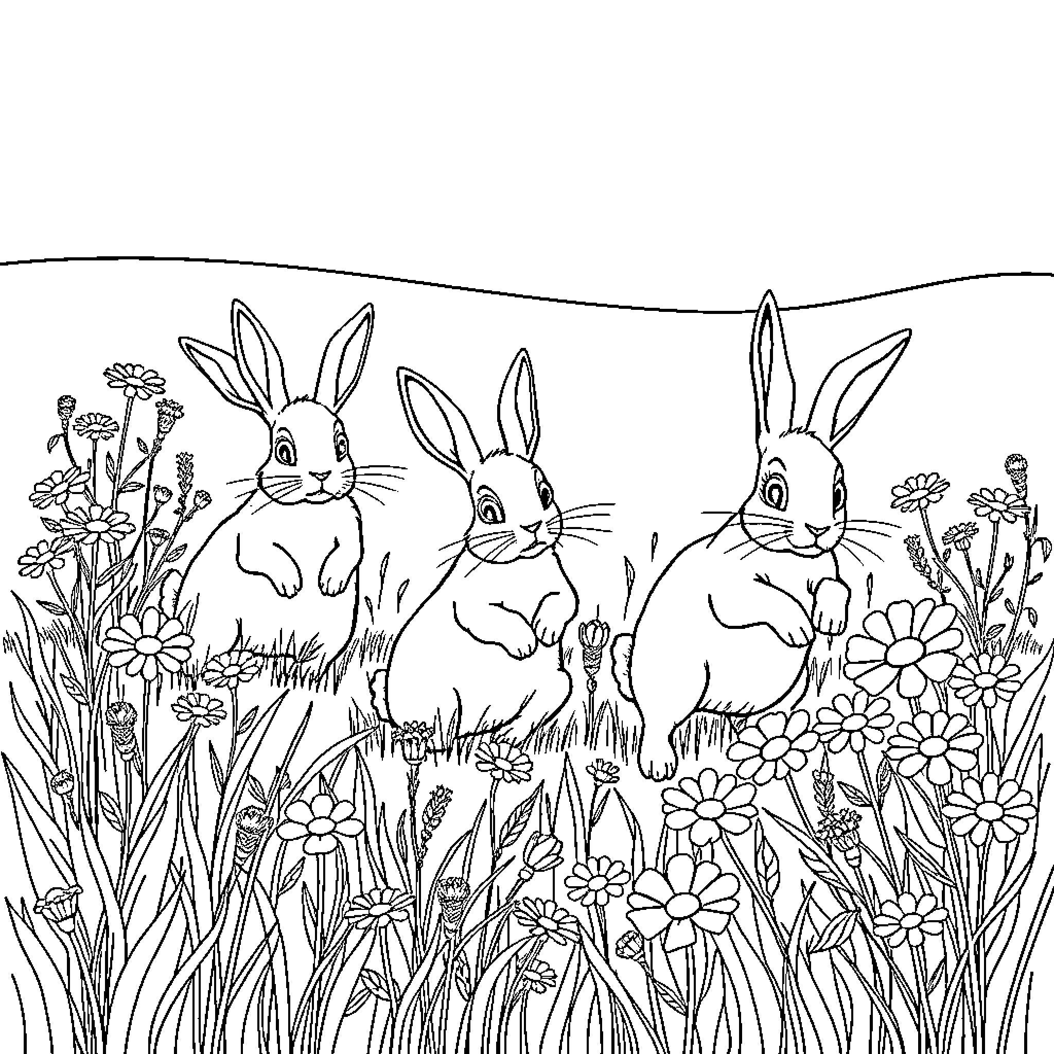 Rabbit friends in a floral meadow Coloring Page (free black-and-white line drawing printable PDF for all, from beginners to advanced learners, including children, teens, adults, and seniors)