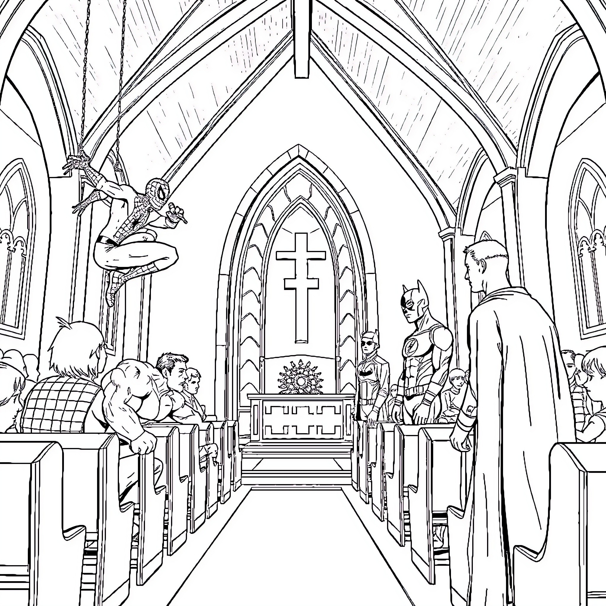 Superhero gathering in an ornate church setting Coloring Page (free black-and-white line drawing printable PDF for all, from beginners to advanced learners, including children, teens, adults, and seniors)