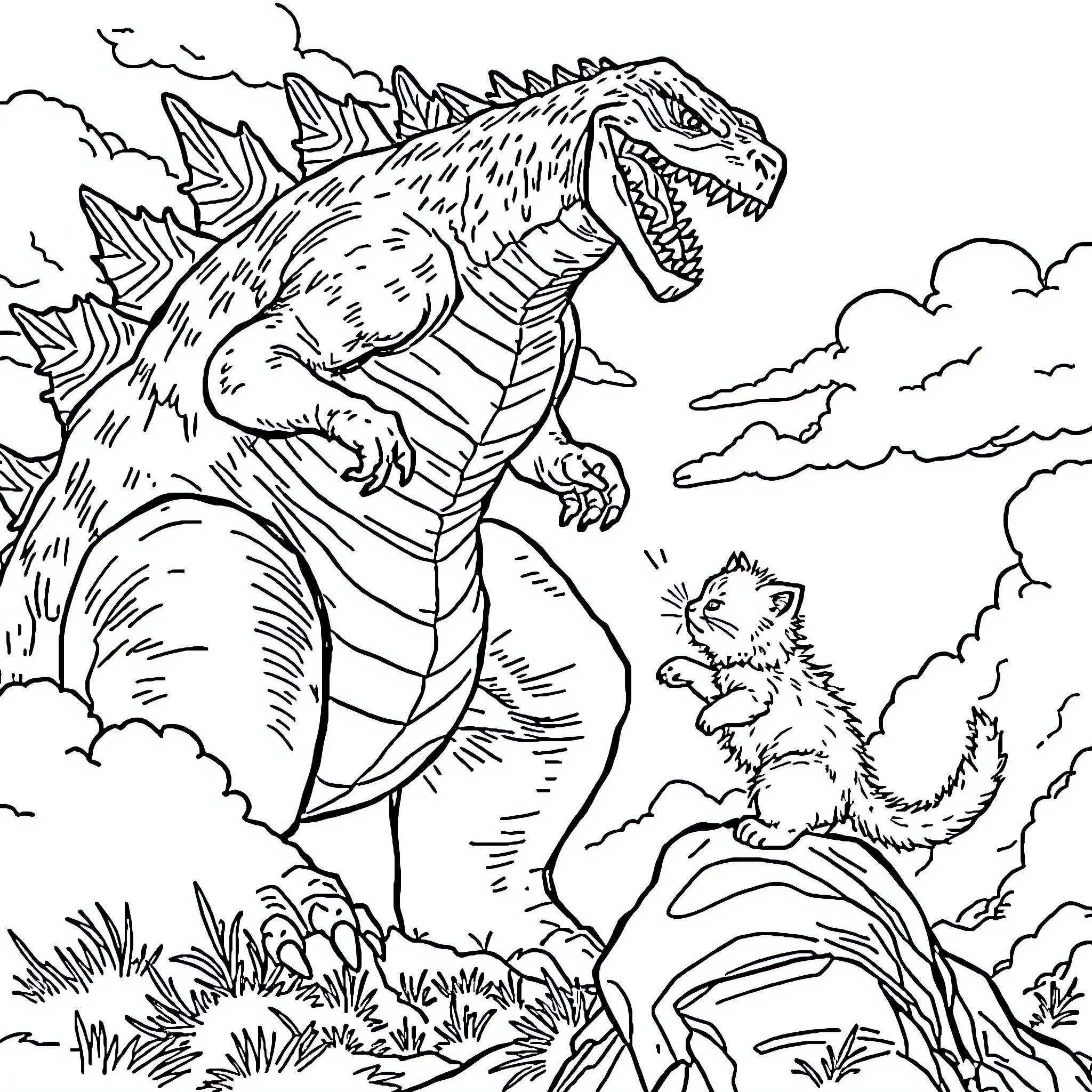 Godzilla roaring with a small animal in the scene Coloring Page (free black-and-white line drawing printable PDF for all, from beginners to advanced learners, including children, teens, adults, and seniors)