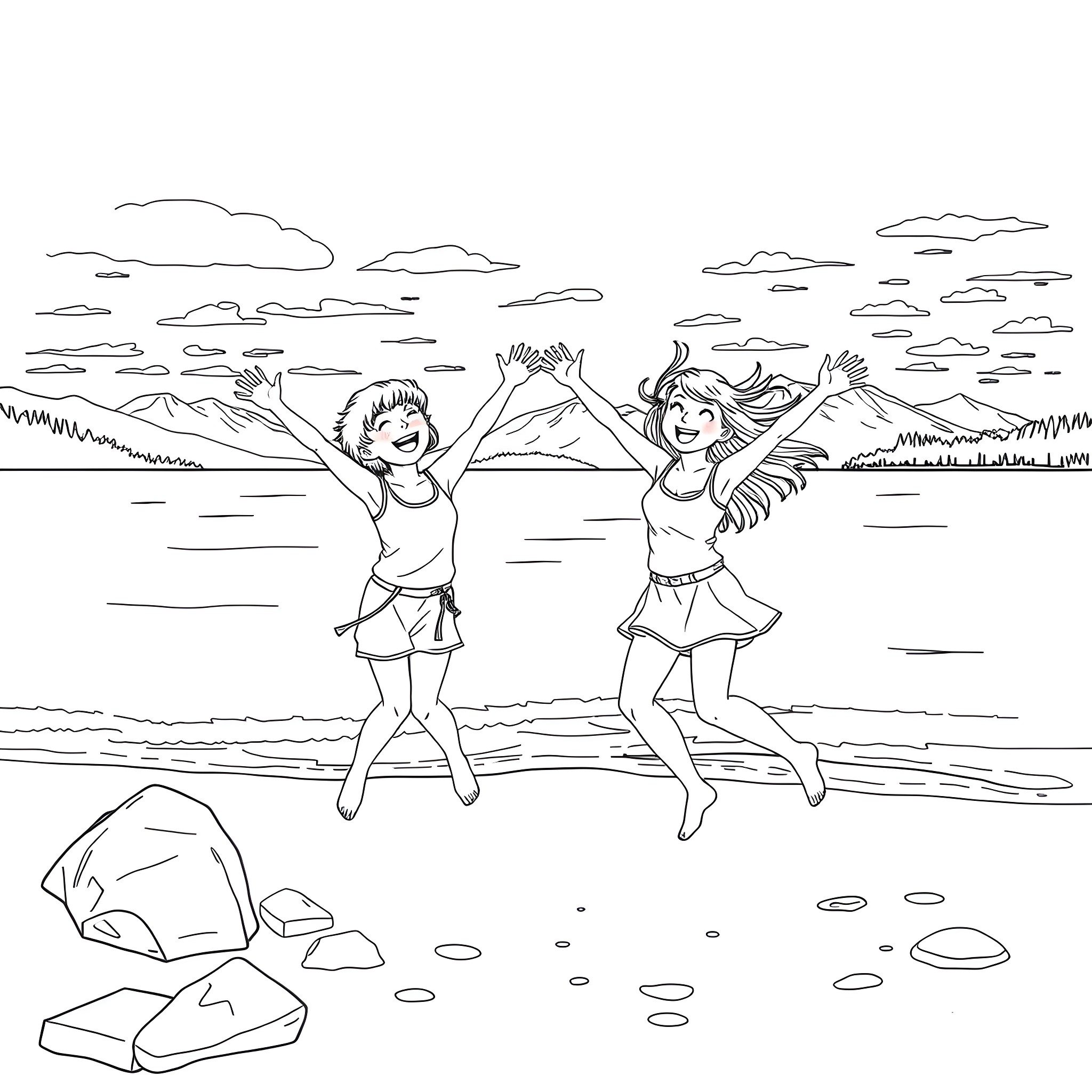 Character jumping happily on the beach Coloring Page (free black-and-white line drawing printable PDF for all, from beginners to advanced learners, including children, teens, adults, and seniors)
